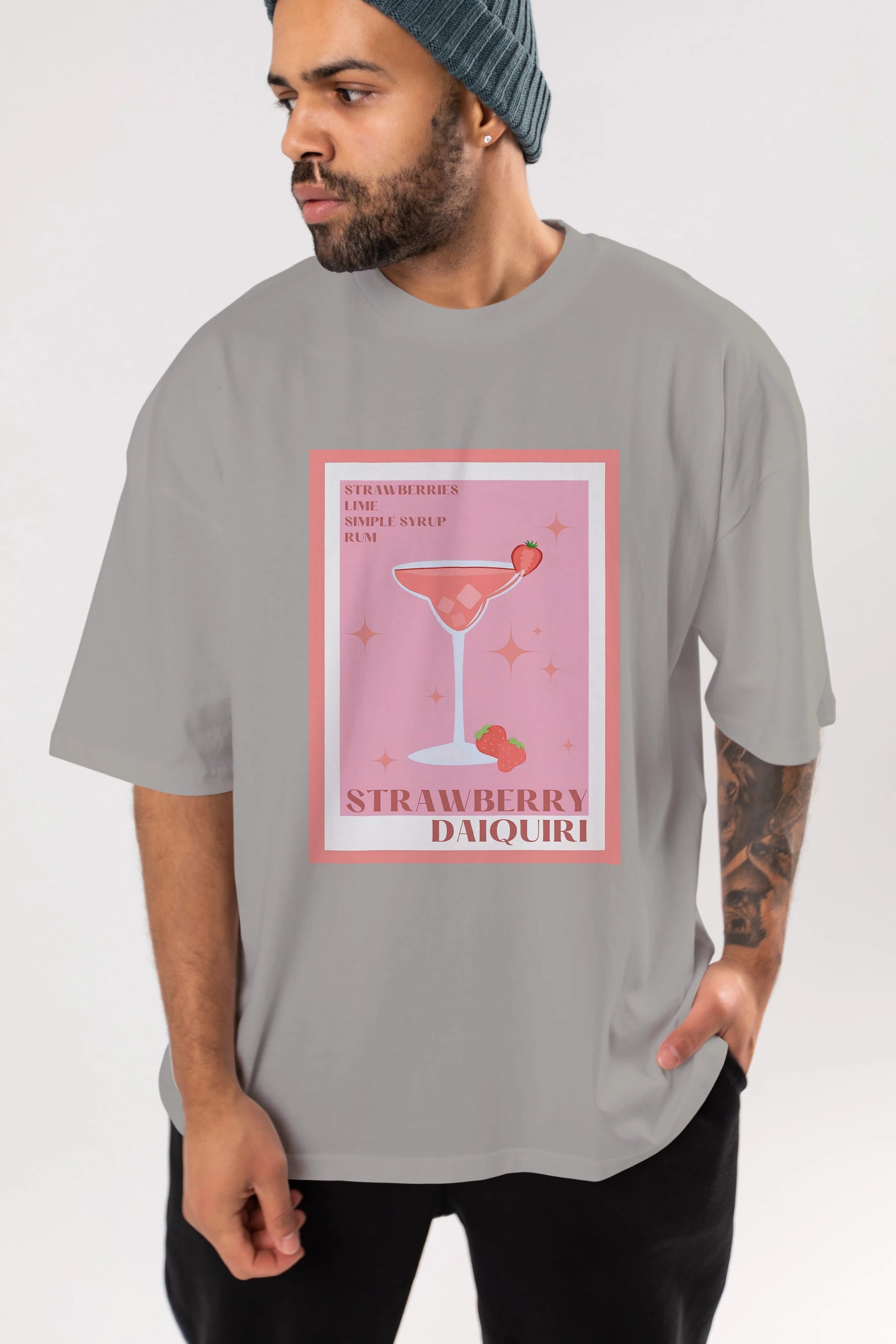 Strawberry Daiquiri Ön Baskılı Oversize t-shirt Erkek Kadın Unisex %100 Pamuk Bisiklet Yaka tişort