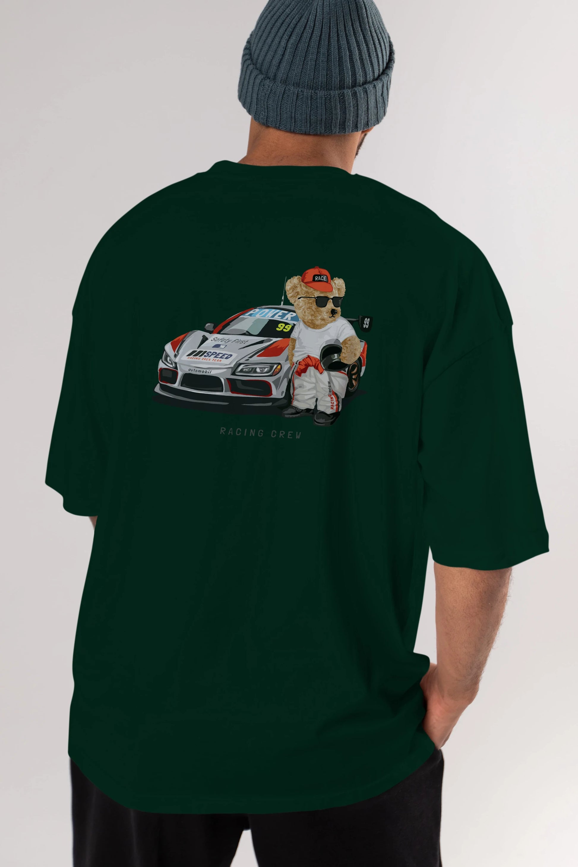 Teddy Bear Racing Crew Arka Baskılı Oversize t-shirt Erkek Kadın Unisex %100 Pamuk