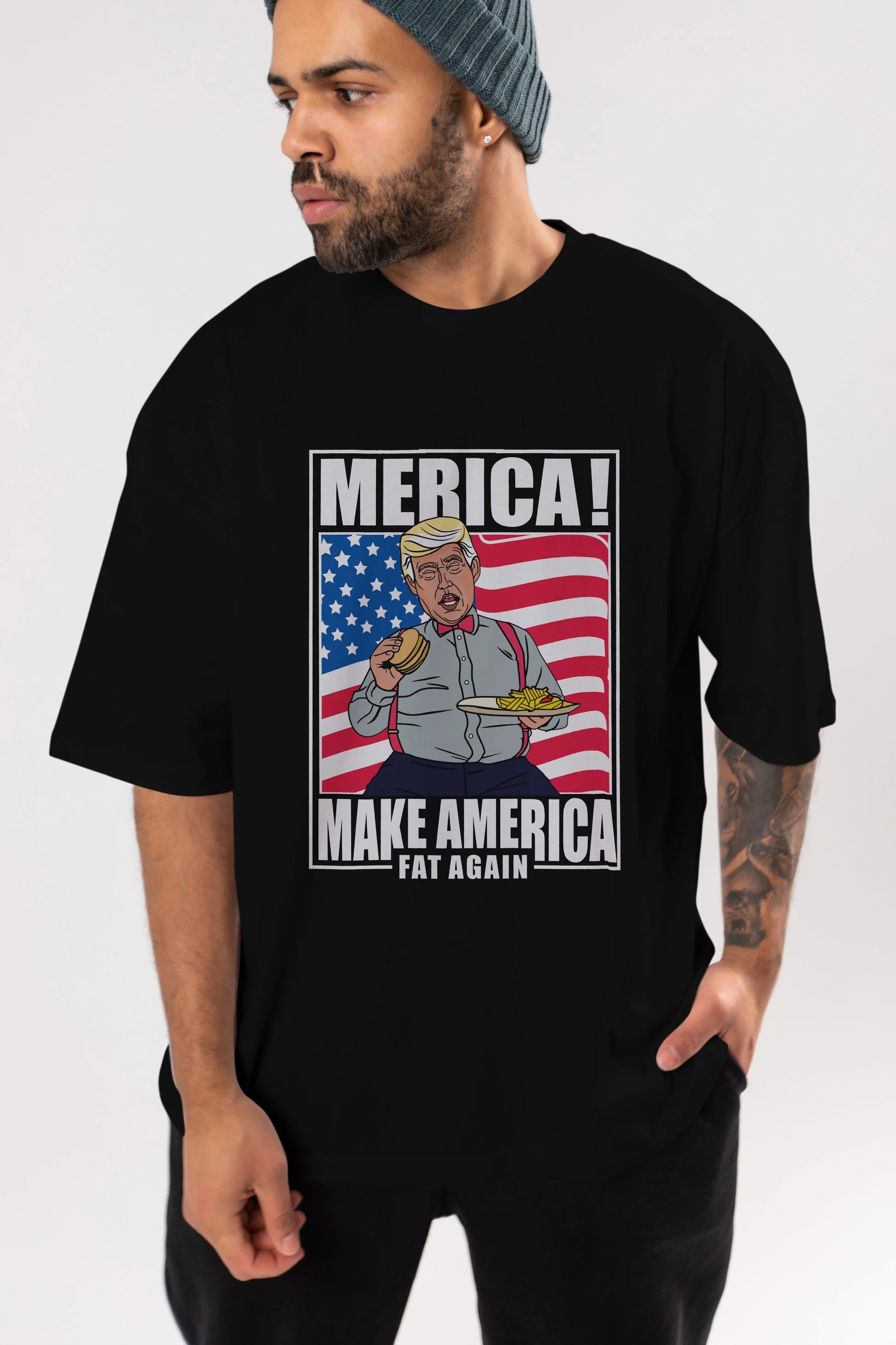 Trump Burger Ön Baskılı Oversize t-shirt Erkek Kadın Unisex %100 Pamuk tişort