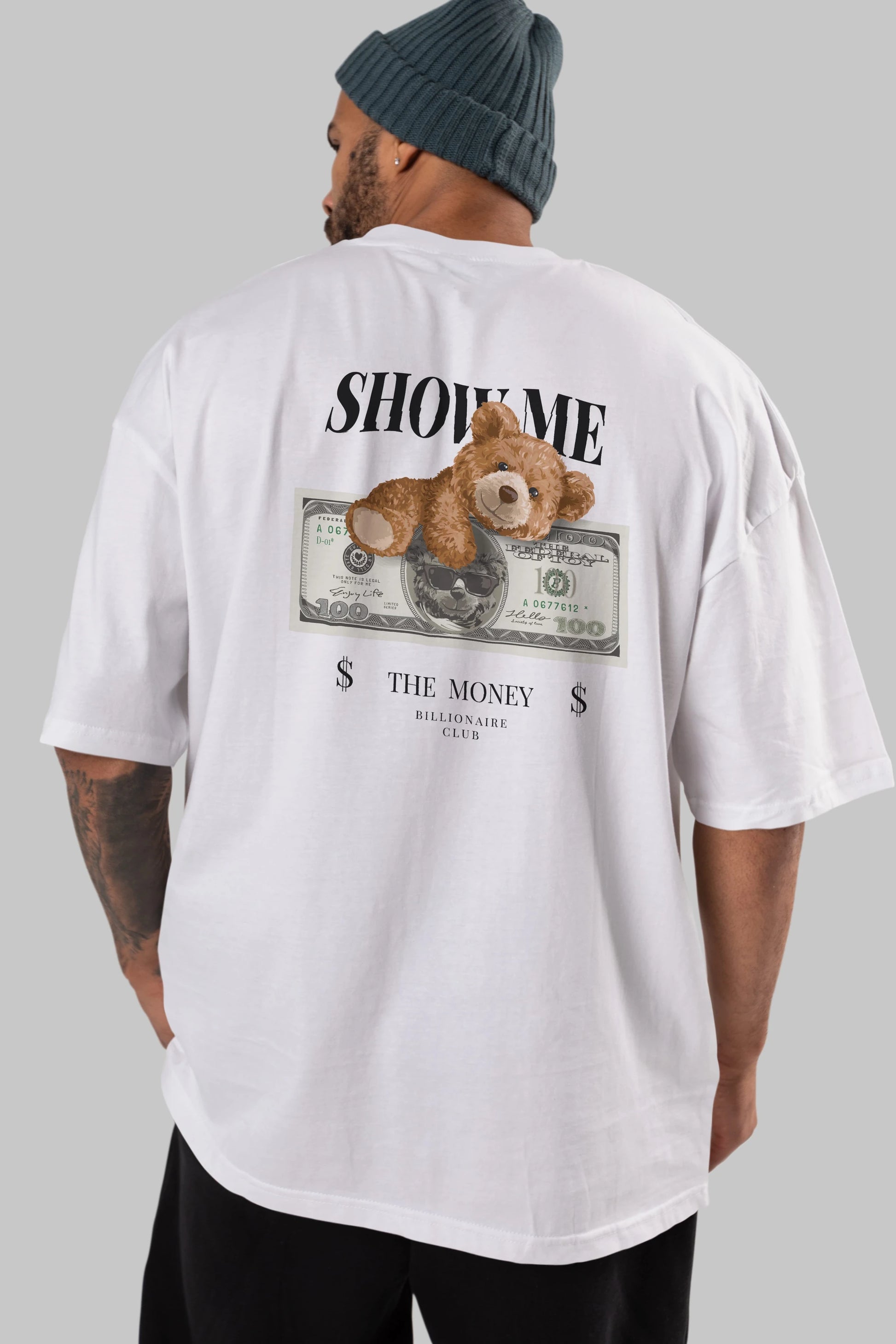 Teddy Bear The Money Arka Baskılı Oversize t-shirt Erkek Kadın Unisex %100 Pamuk