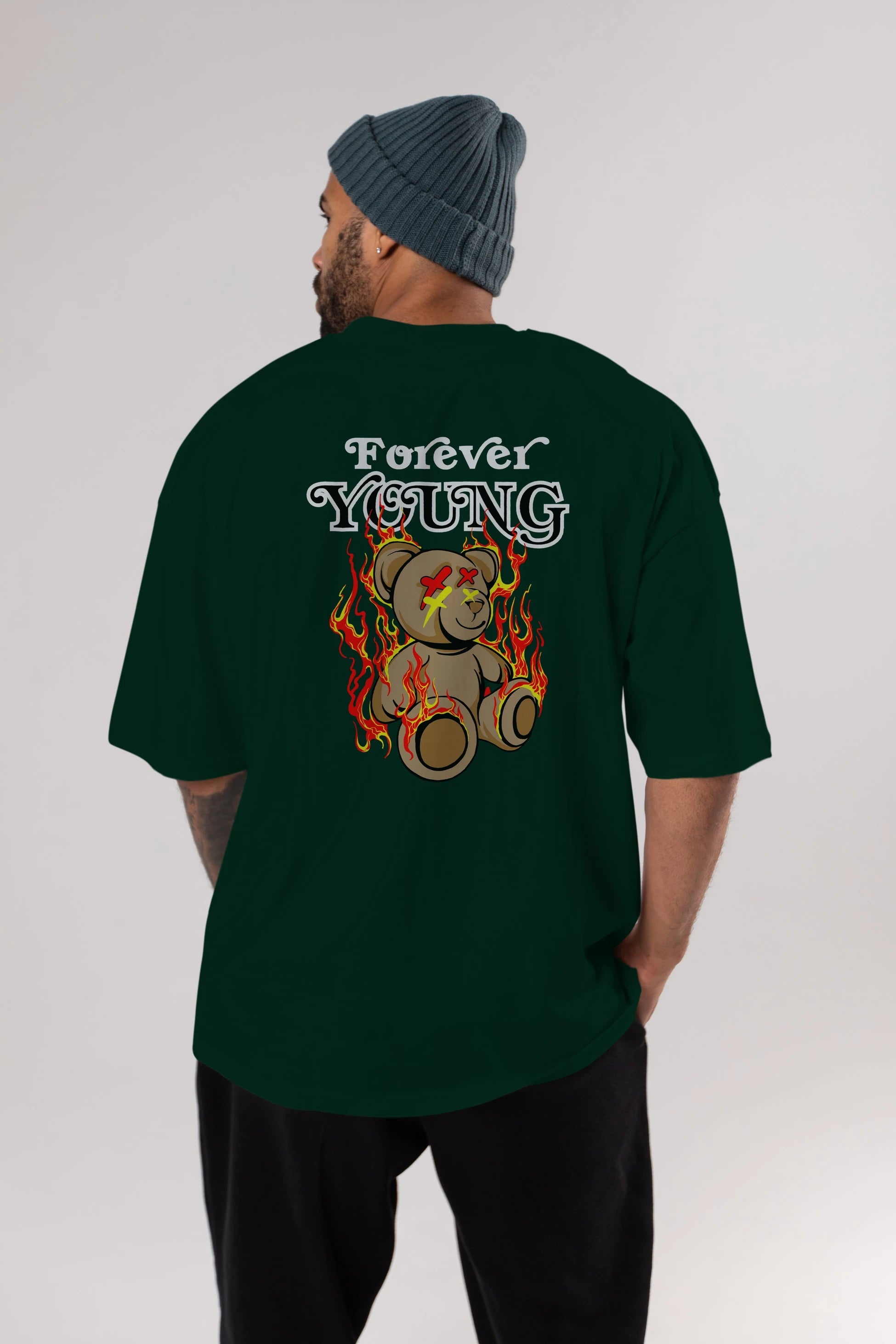 Forever Young Bear Arka Baskılı Oversize t-shirt Erkek Kadın Unisex