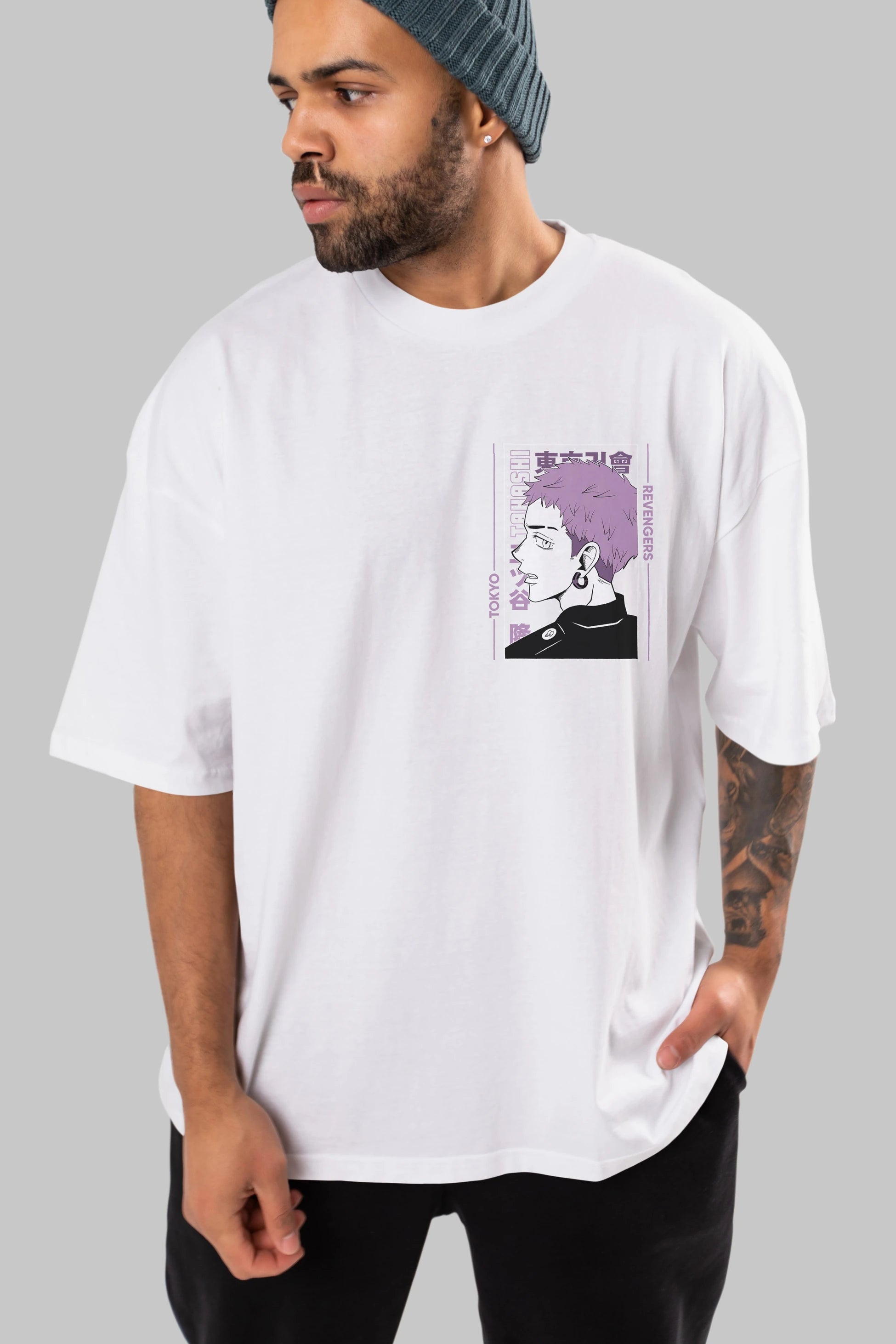 Takashi Mitsuya Ön Sol Baskılı Oversize t-shirt Erkek Kadın Unisex %100 Pamuk Bisiklet Yaka tişort