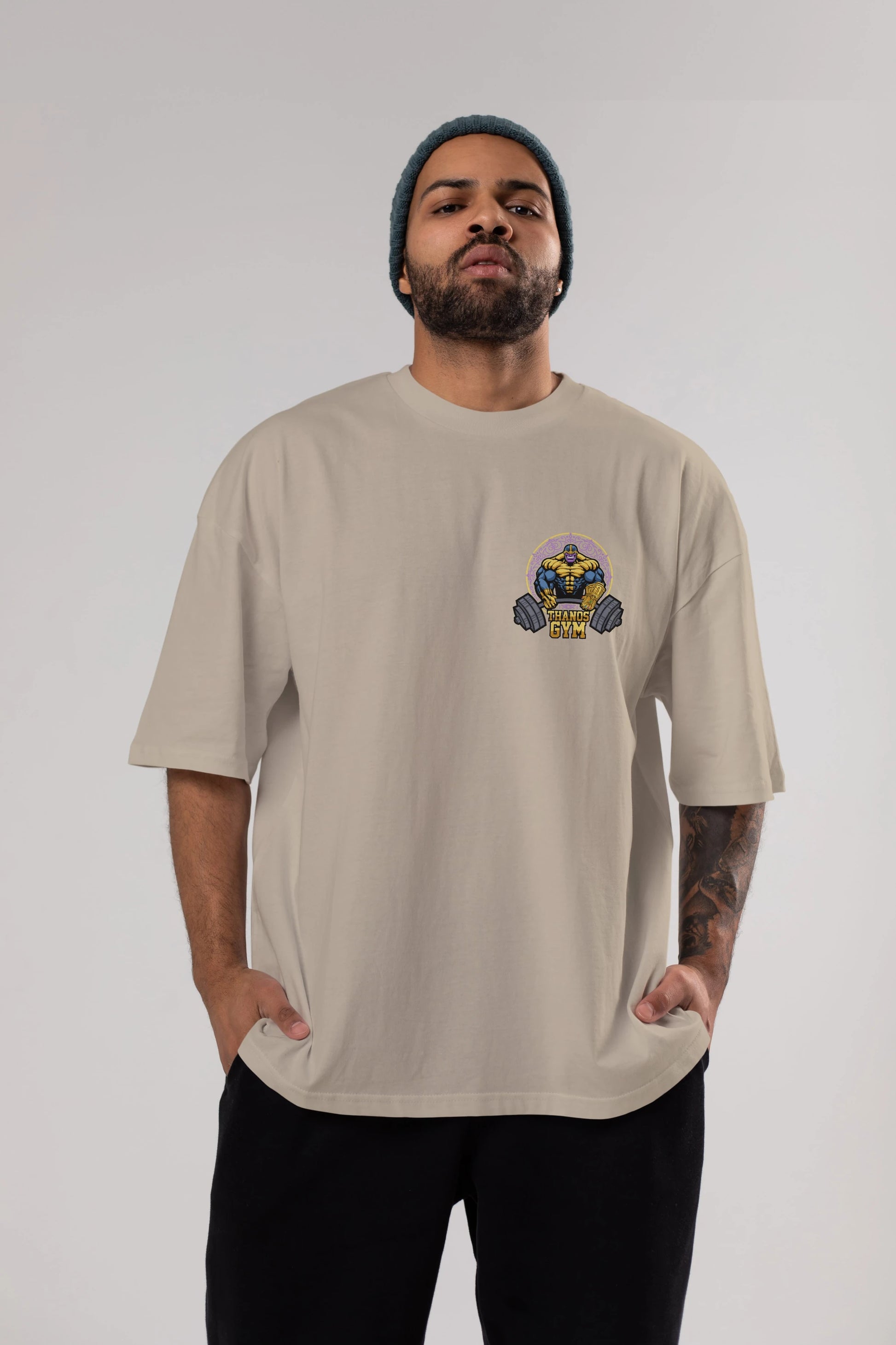 Thanos GYM Ön Sol Baskılı Oversize t-shirt Erkek Kadın Unisex %100 Pamuk Bisiklet Yaka tişort