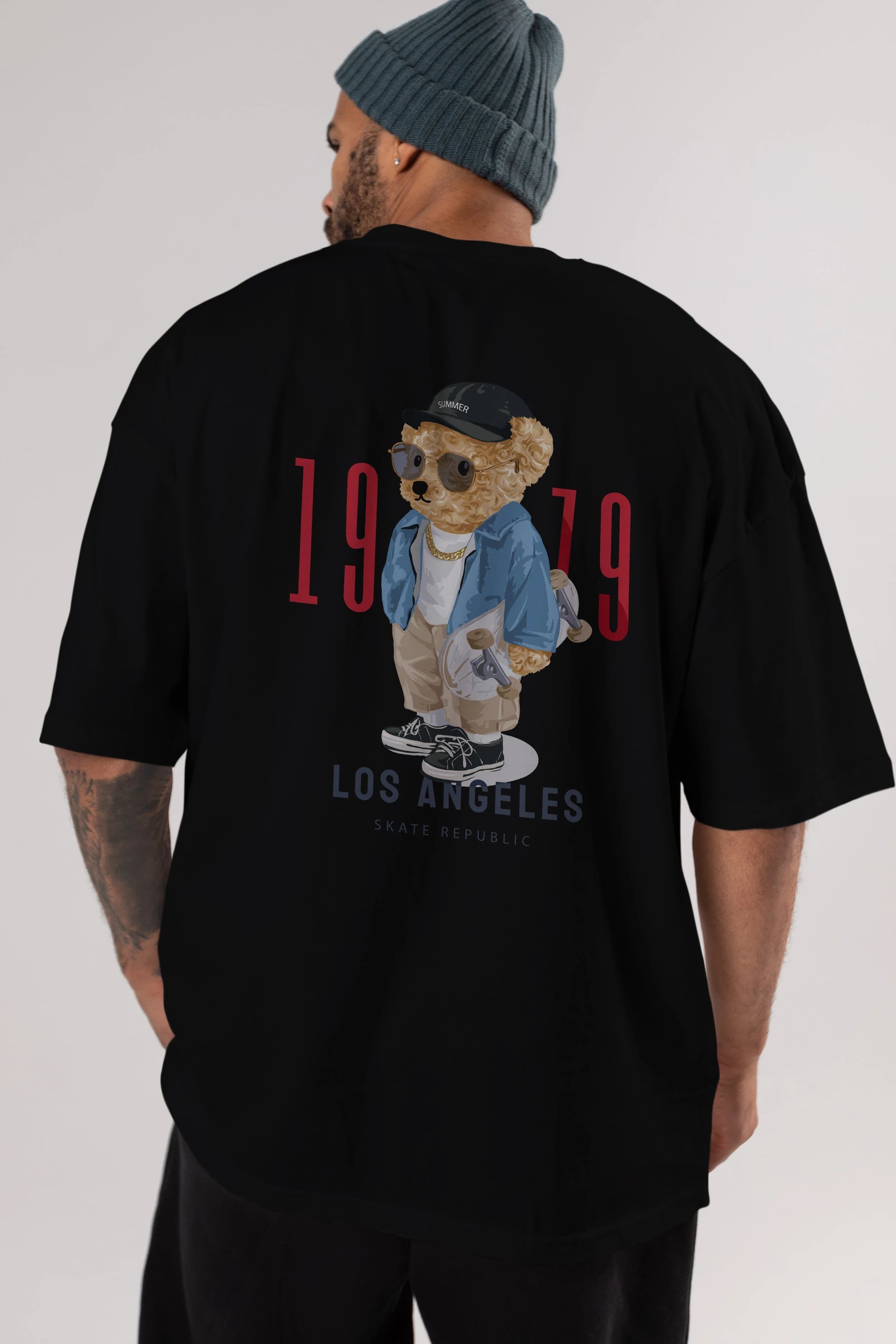 Teddy Bear Los Angeles Arka Baskılı Oversize t-shirt Erkek Kadın Unisex %100 Pamuk