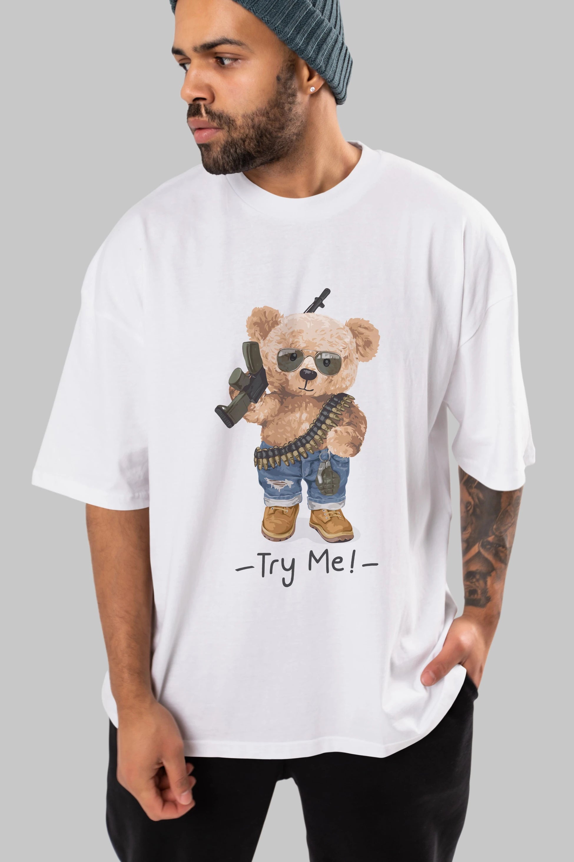 Teddy Bear Try Me Ön Baskılı Oversize t-shirt Erkek Kadın Unisex %100 Pamuk
