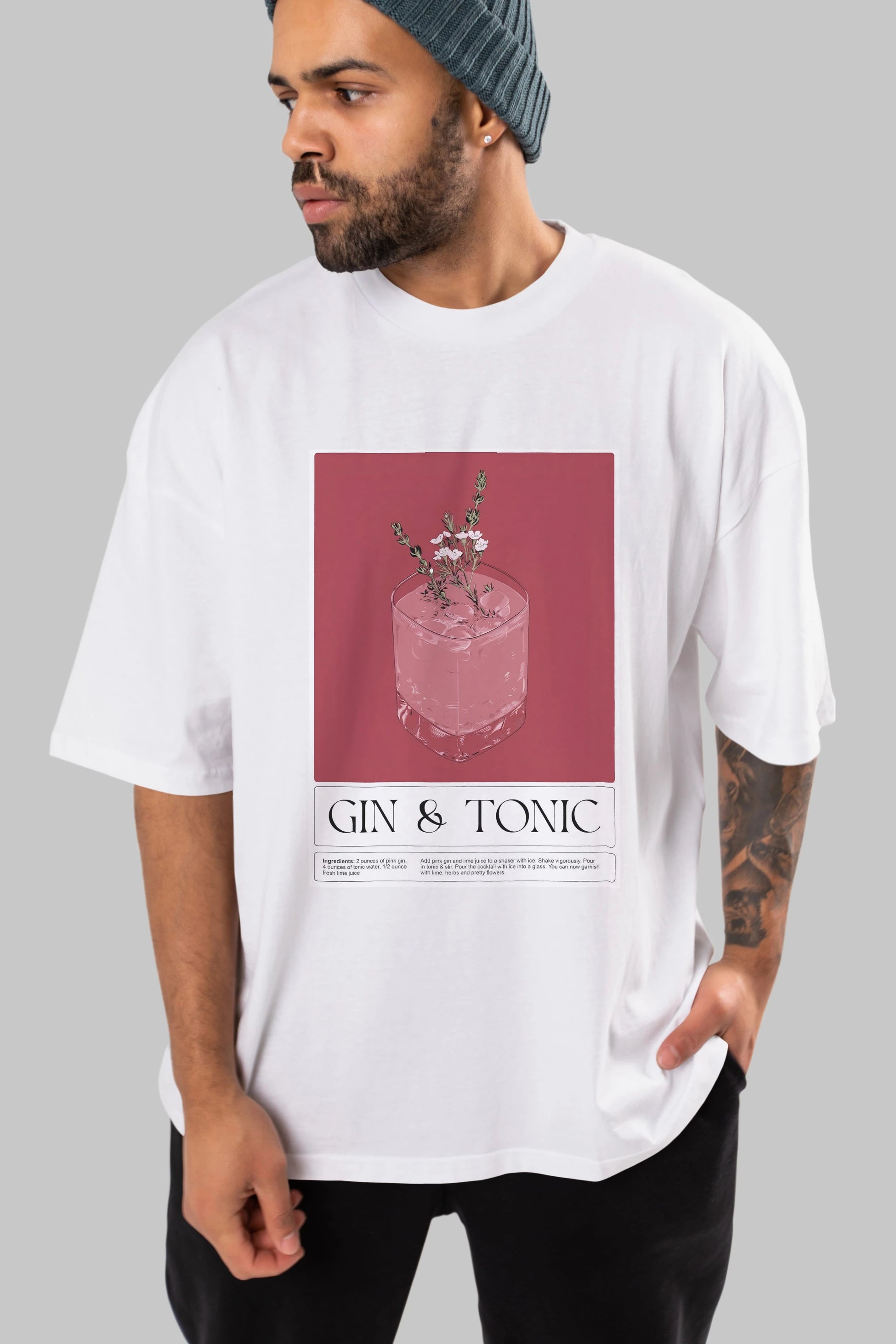 Gin Tonic 4 Ön Baskılı Oversize t-shirt Erkek Kadın Unisex %100 Pamuk Bisiklet Yaka tişort