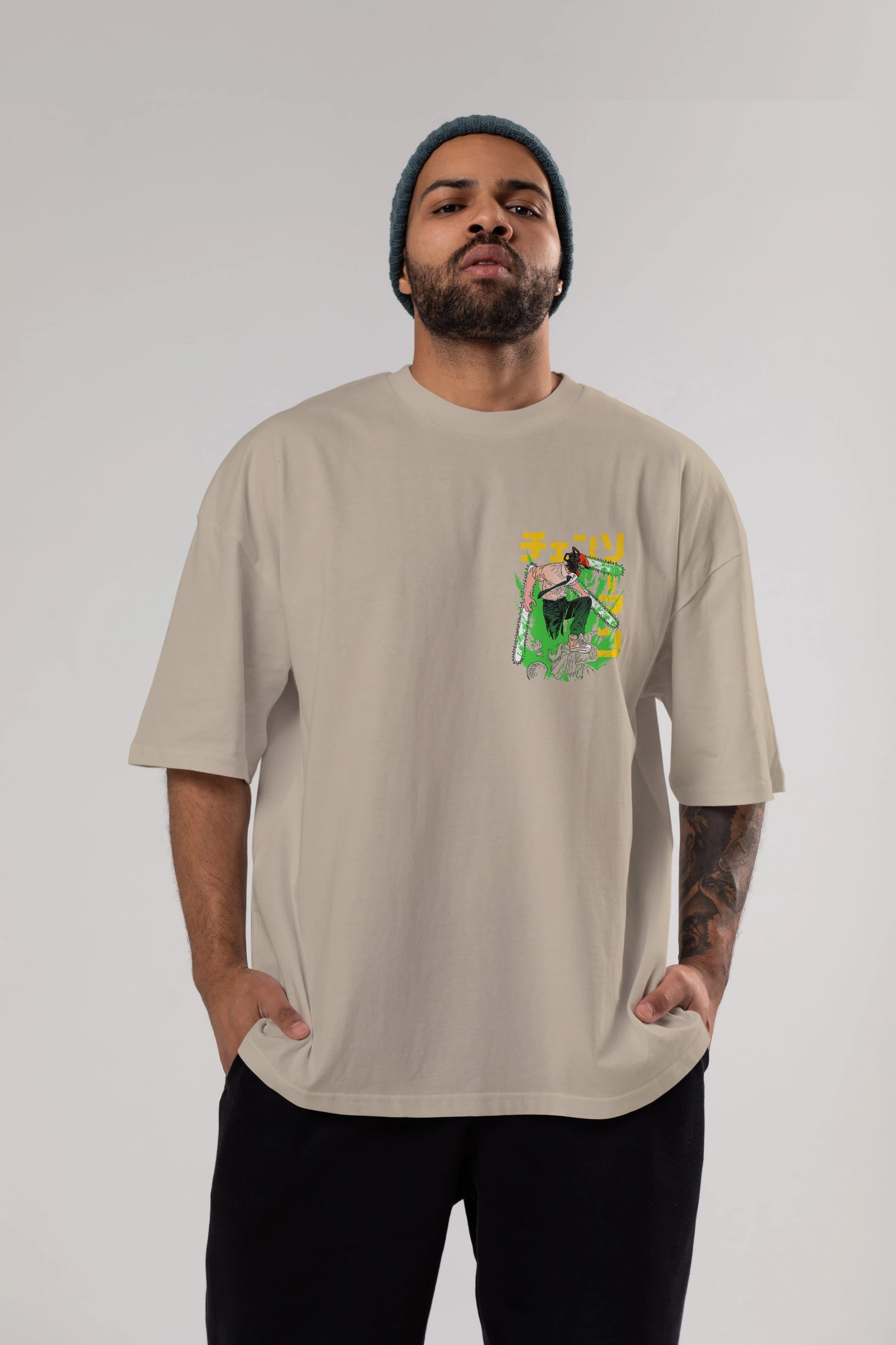 CHAINSAWMAN DENJI Ön Sol Baskılı Oversize t-shirt Erkek Kadın Unisex %100 Pamuk Bisiklet Yaka tişort