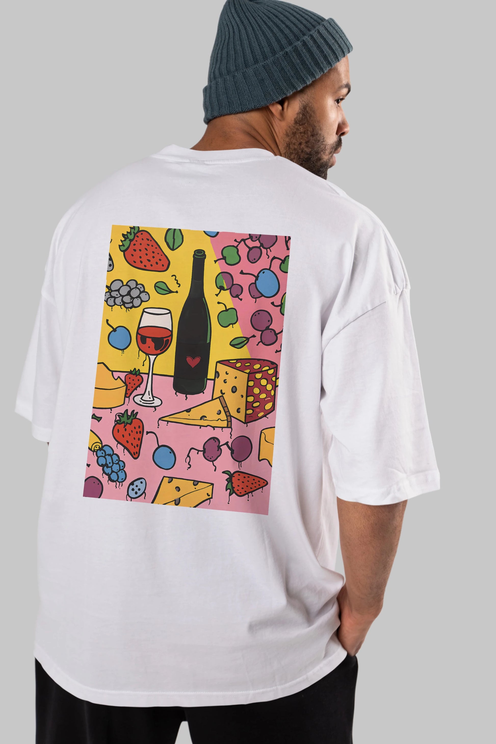 Wine Cheese Fruits Arka Baskılı Oversize t-shirt Erkek Kadın Unisex %100 Pamuk Bisiklet Yaka tişort