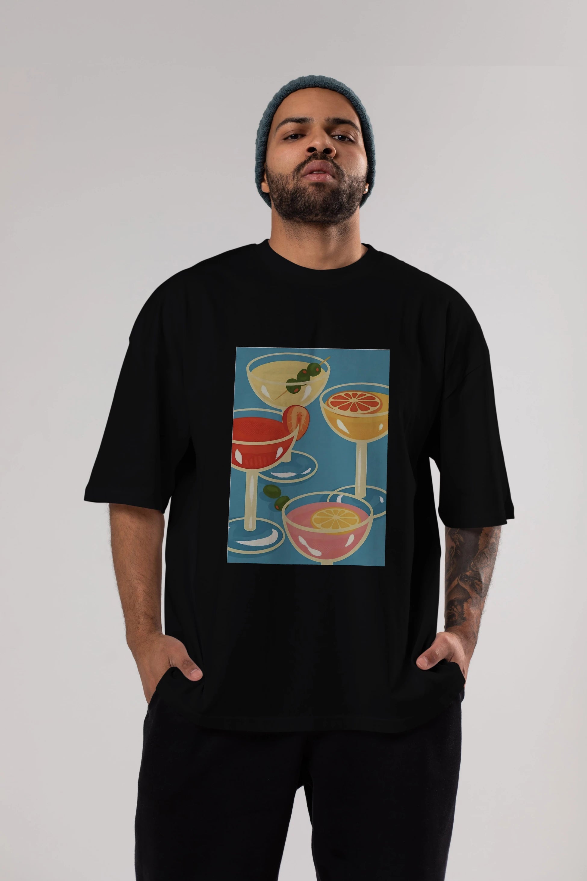Cocktails Ön Baskılı Oversize t-shirt Erkek Kadın Unisex %100 Pamuk Bisiklet Yaka tişort