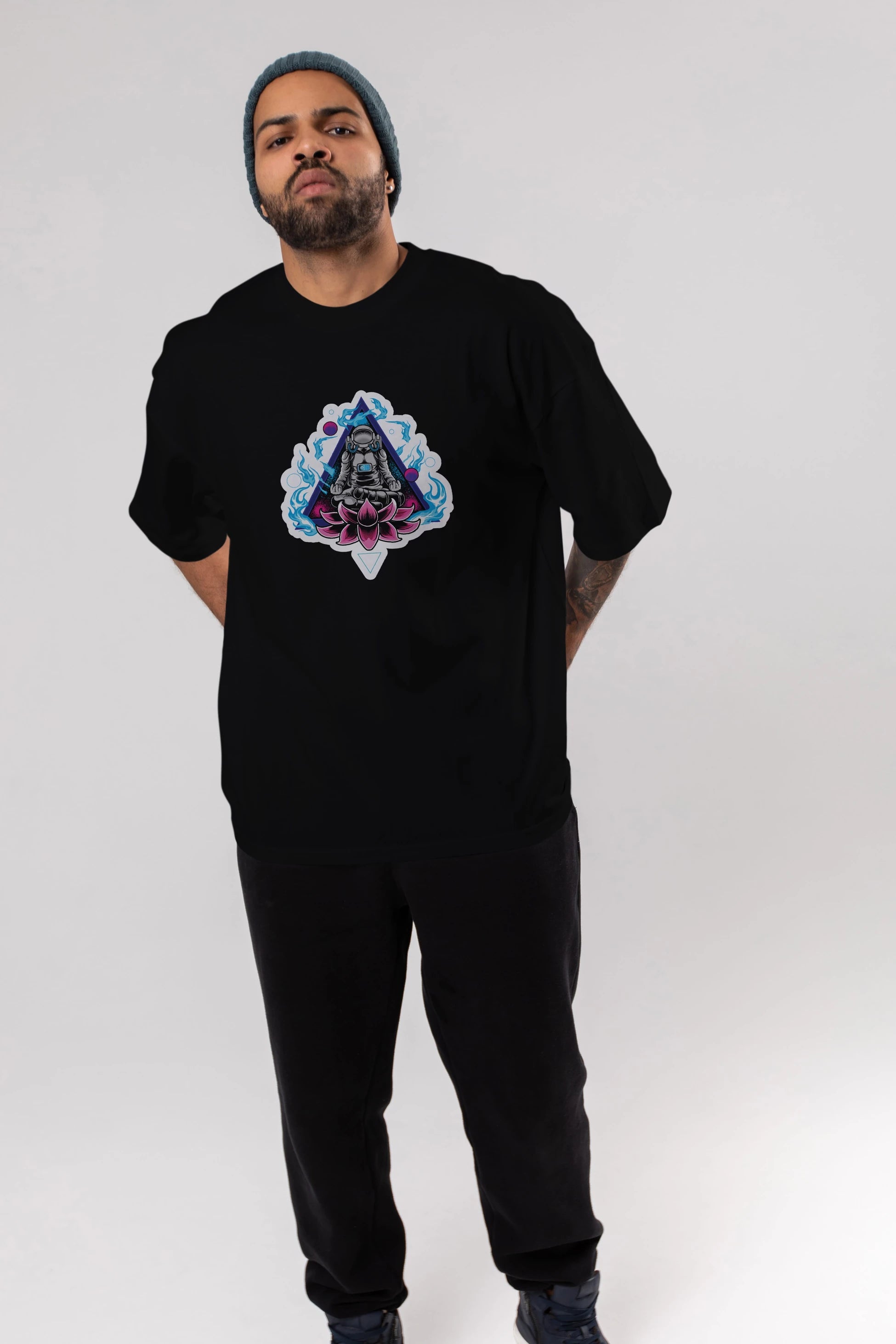 Astronaut Meditation Sticker Ön Baskılı Oversize t-shirt Erkek Kadın Unisex