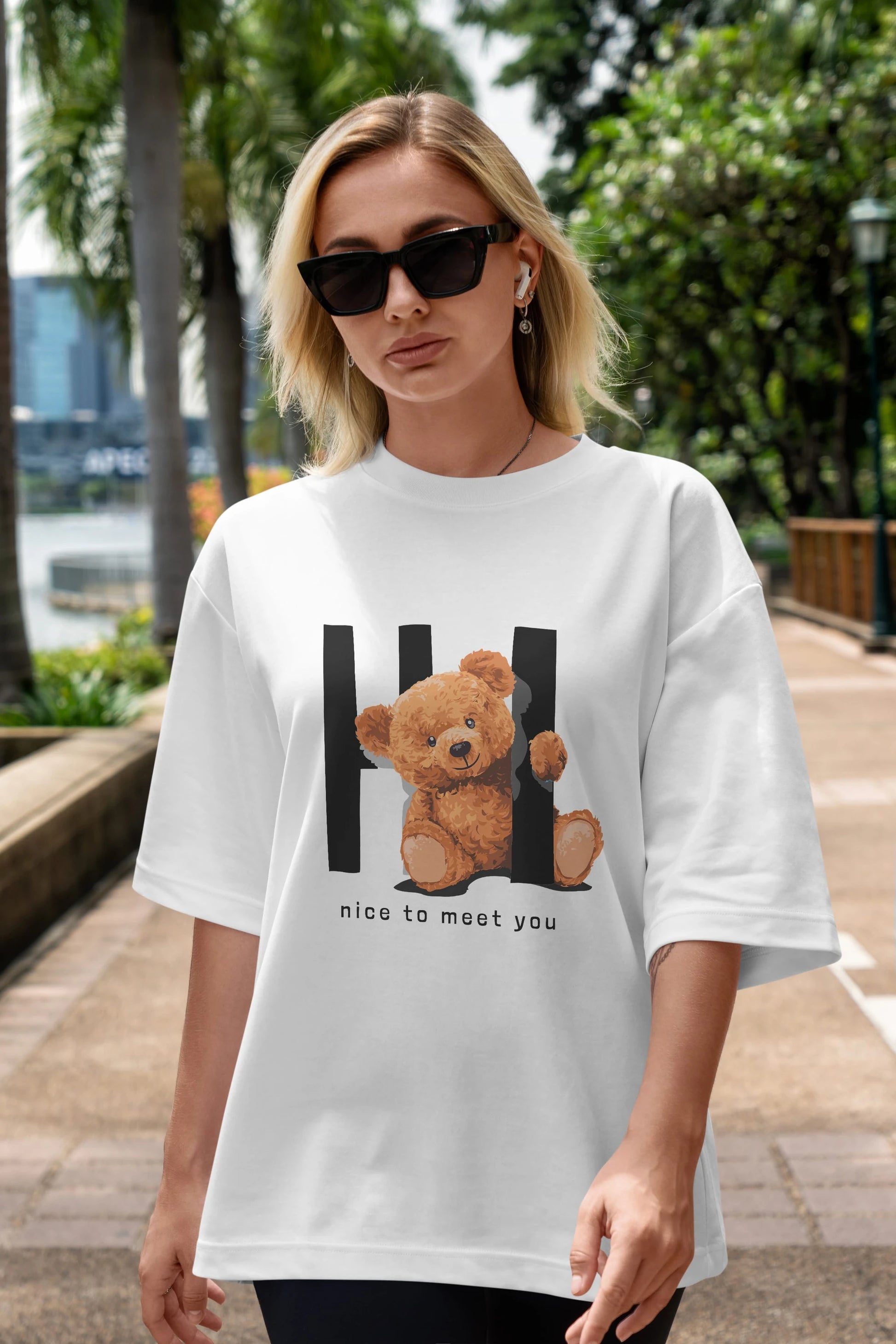 Teddy Bear Hi Nice To Meet You Ön Baskılı Oversize t-shirt Erkek Kadın Unisex %100 Pamuk