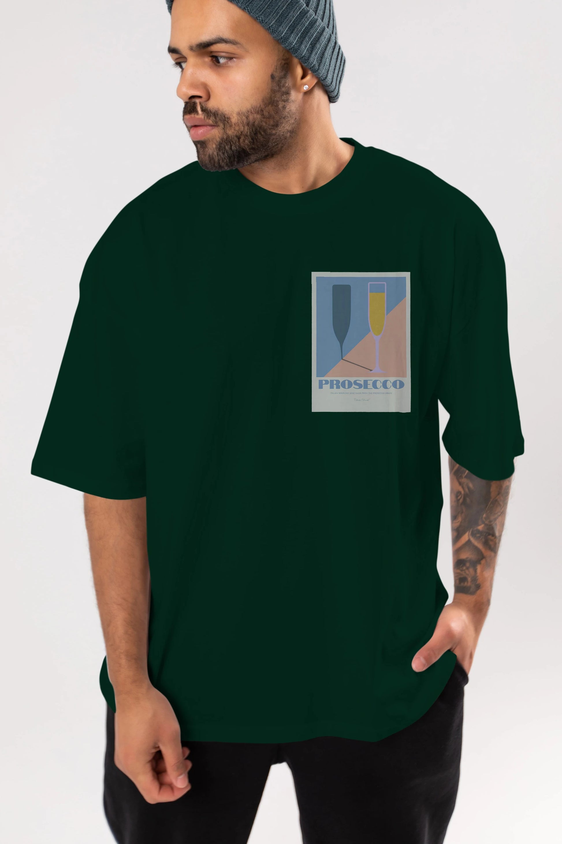 Prosecco Ön Sol Baskılı Oversize t-shirt Erkek Kadın Unisex %100 Pamuk Bisiklet Yaka tişort