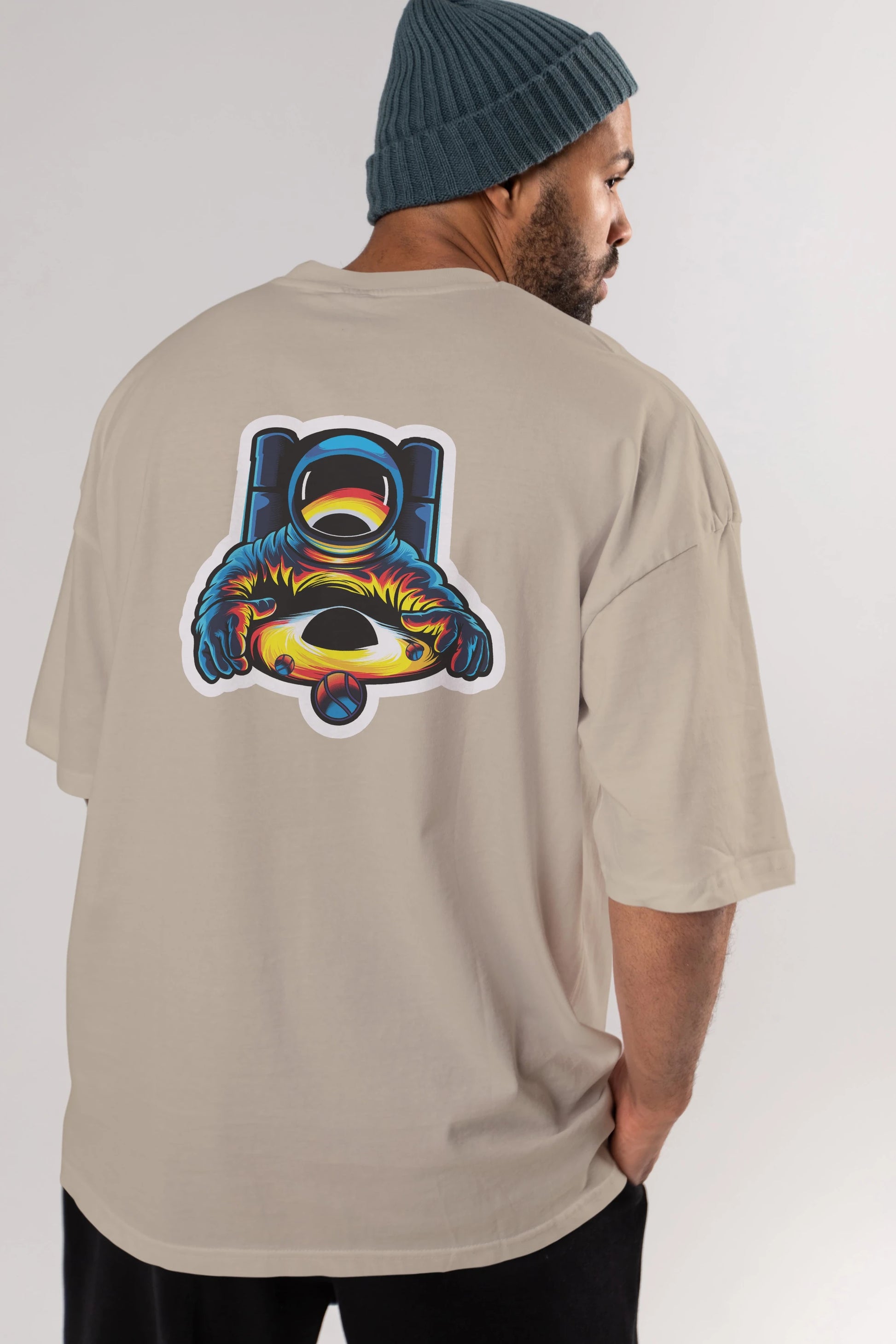 Astronaut & Black Hole Sticker Arka Baskılı Oversize t-shirt Erkek Kadın Unisex