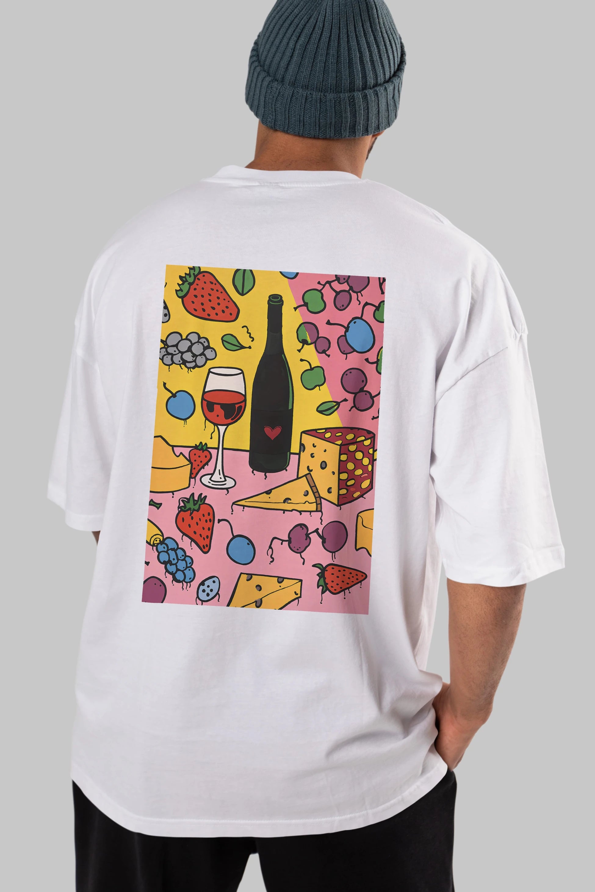 Wine Cheese Fruits Arka Baskılı Oversize t-shirt Erkek Kadın Unisex %100 Pamuk Bisiklet Yaka tişort