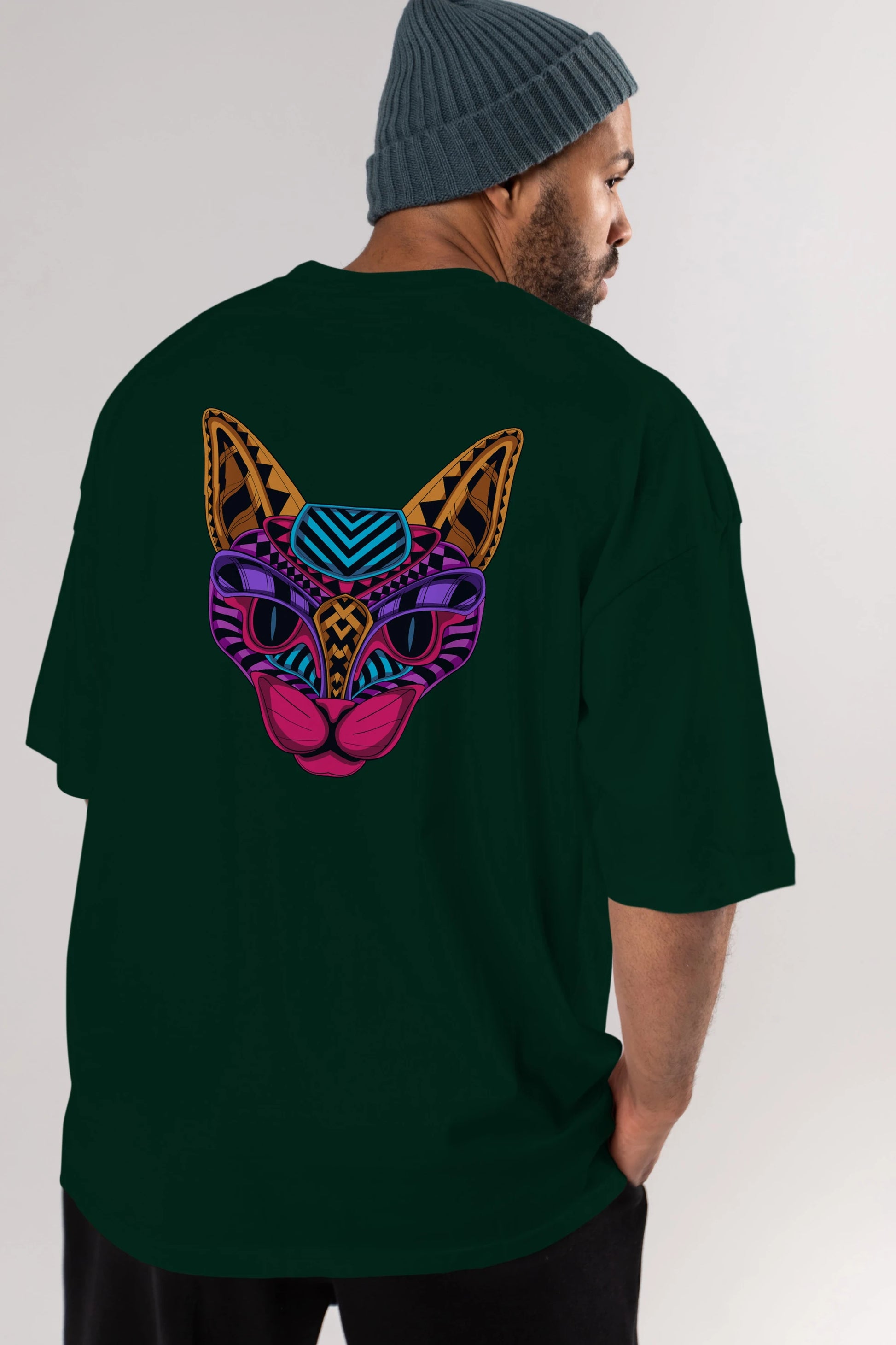 Black Neon Cat Arka Baskılı Oversize t-shirt Erkek Kadın Unisex