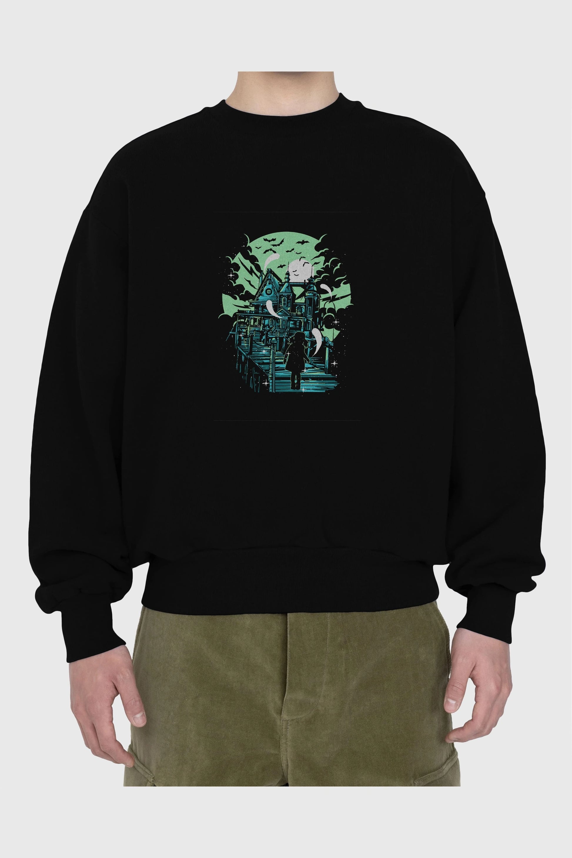 Haunted House Ön Baskılı Oversize Sweatshirt Erkek Kadın Unisex