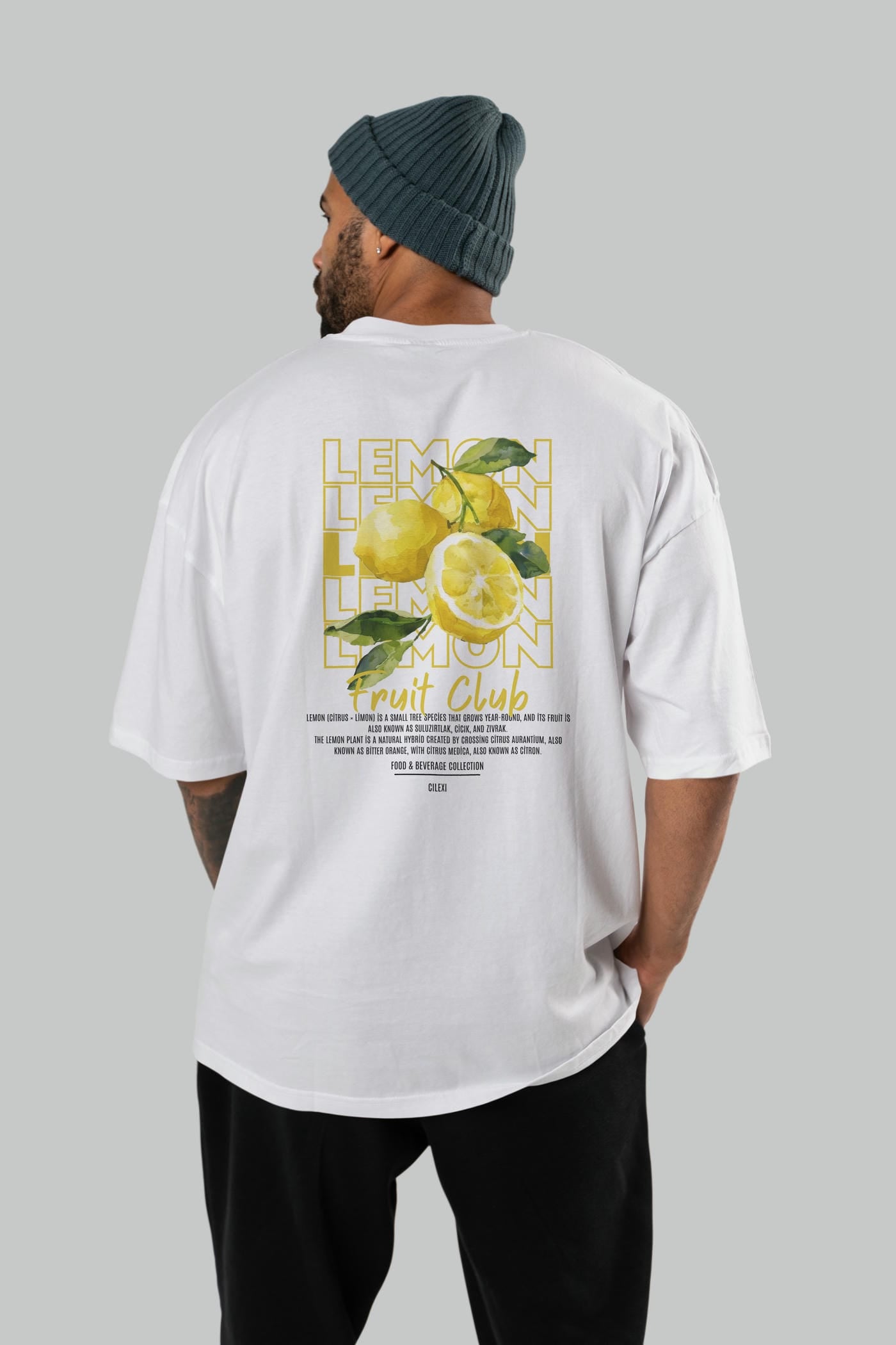 Lemon Arka Baskılı Oversize t-shirt Erkek Kadın Pamuk Bisiklet Yaka tişort