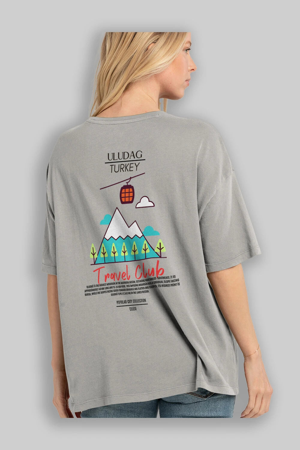Uludağ Turkey Arka Baskılı Oversize t-shirt Erkek Kadın Pamuk Bisiklet Yaka tişort