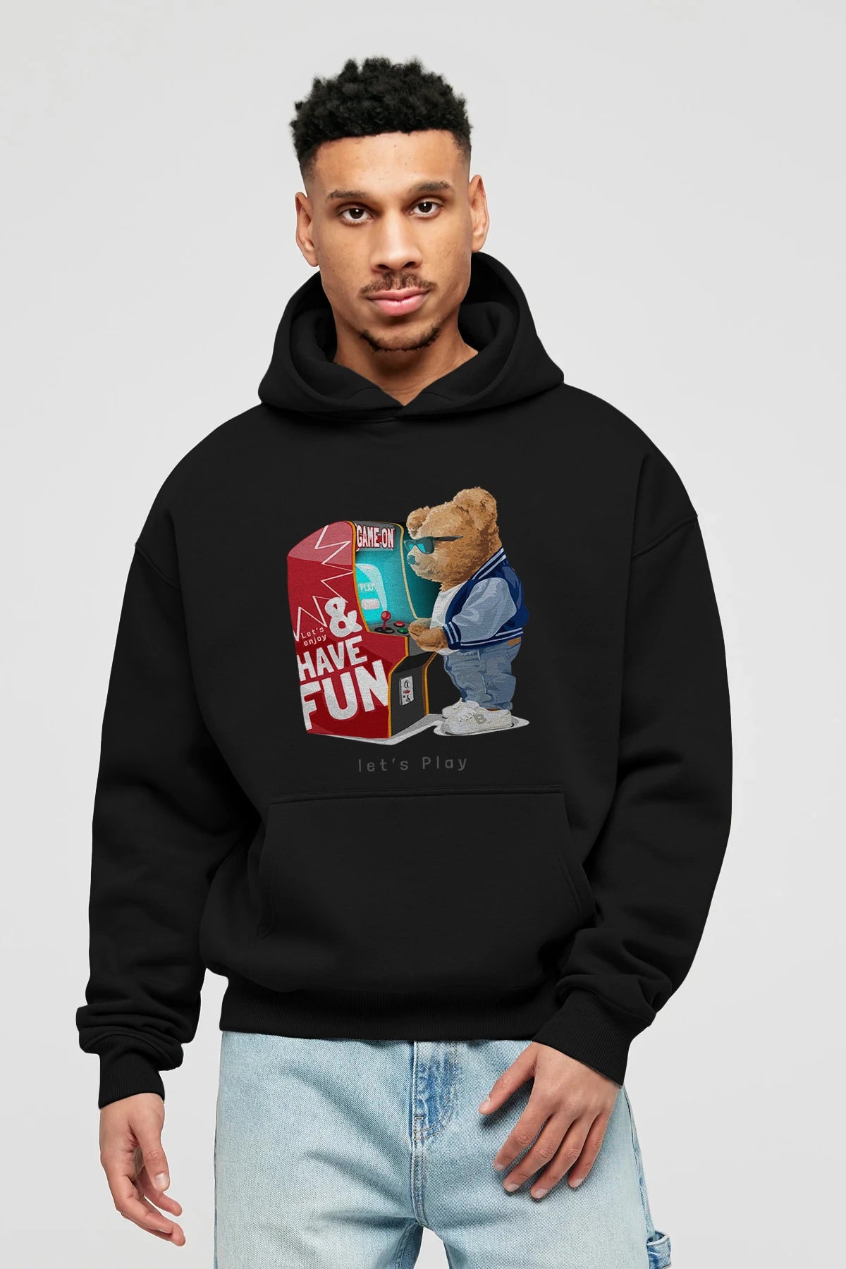 Teddy Bear Lets Play Ön Baskılı Hoodie Oversize Kapüşonlu Sweatshirt Erkek Kadın Unisex