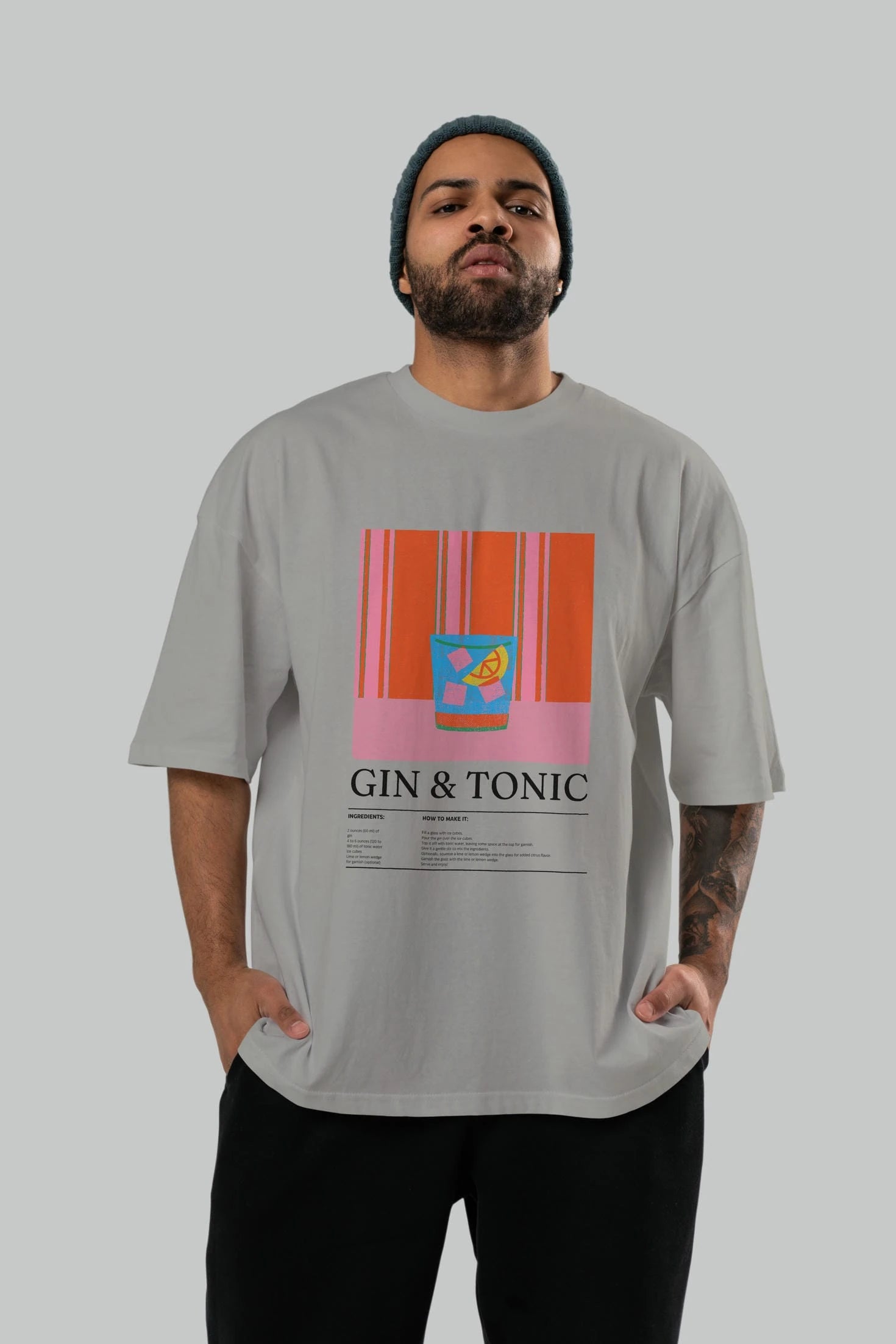 Gin tonic Kokteyl Ön Baskılı Oversize t-shirt Erkek Kadın %100 Pamuk Bisiklet Yaka tişort