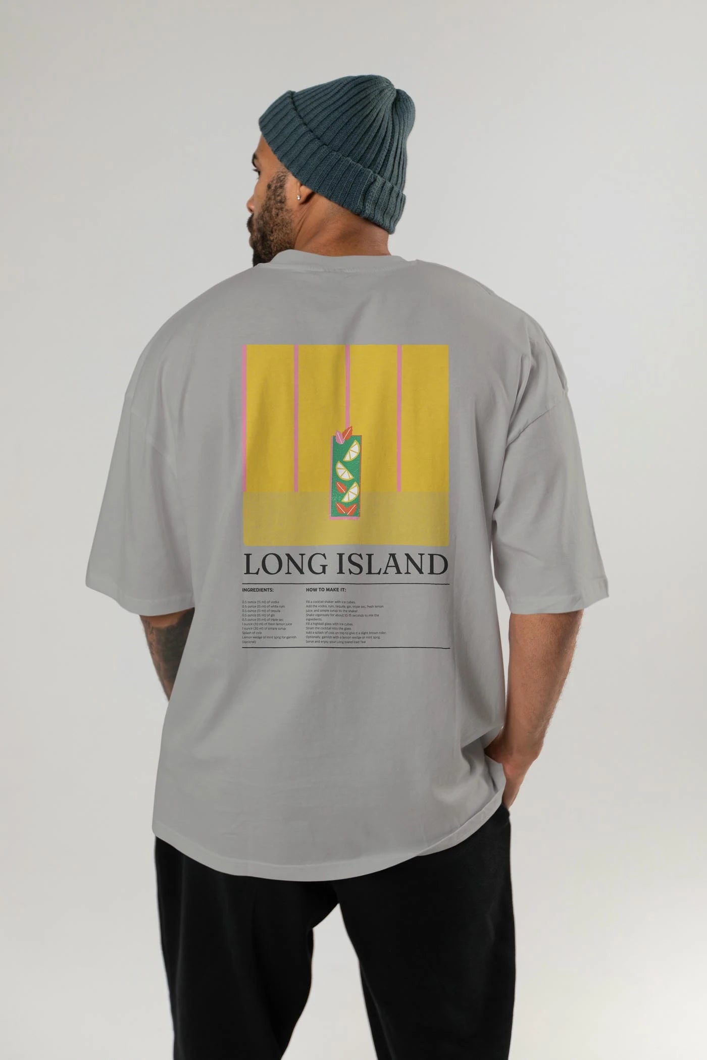 Long Island Kokteyl Serisi Arka Baskılı Oversize t-shirt Erkek Kadın %100 Pamuk Bisiklet Yaka tişort