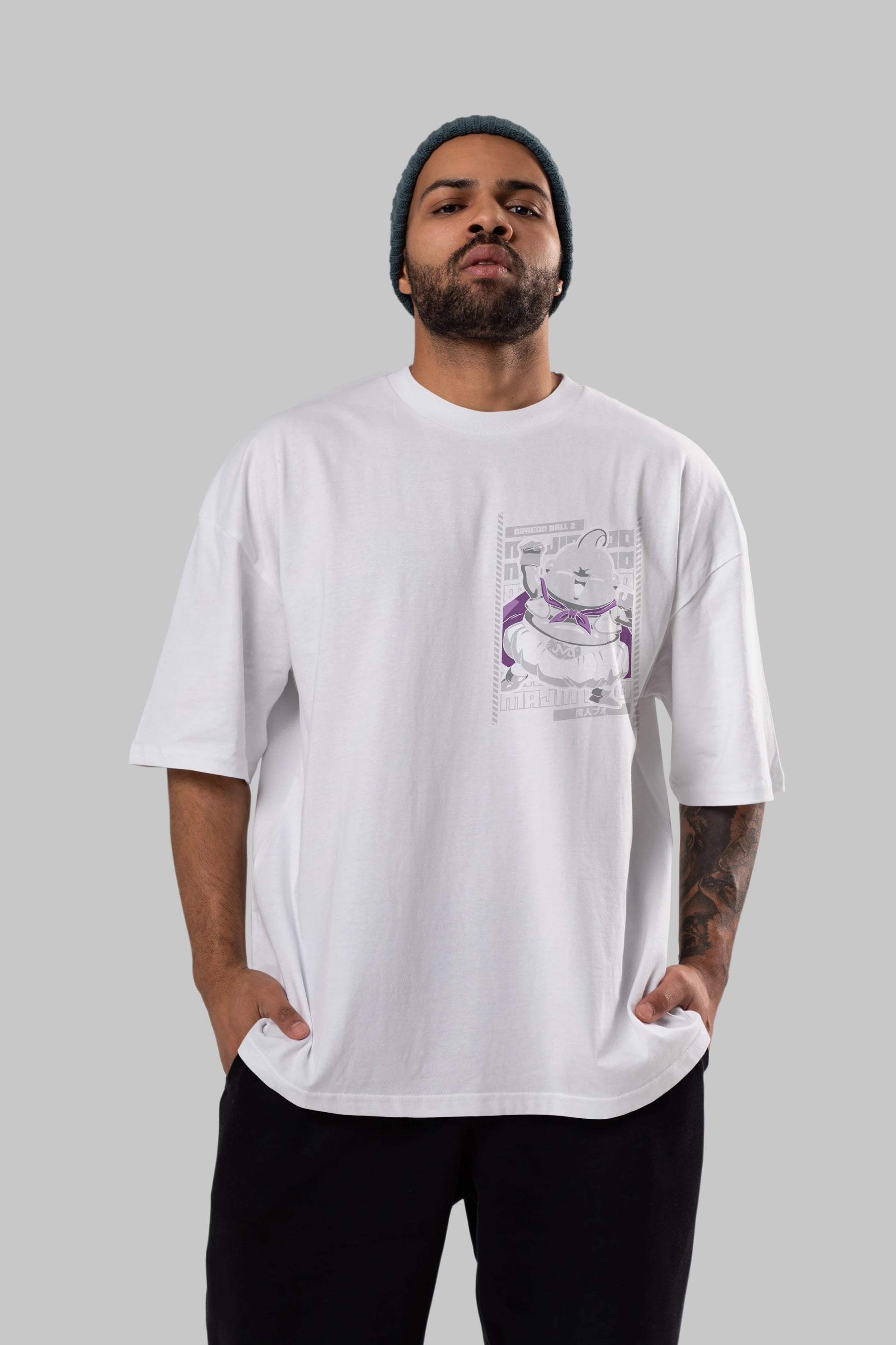 MAJIN BOO2 Ön Sol Baskılı Oversize t-shirt Erkek Kadın Unisex %100 Pamuk Bisiklet Yaka tişort