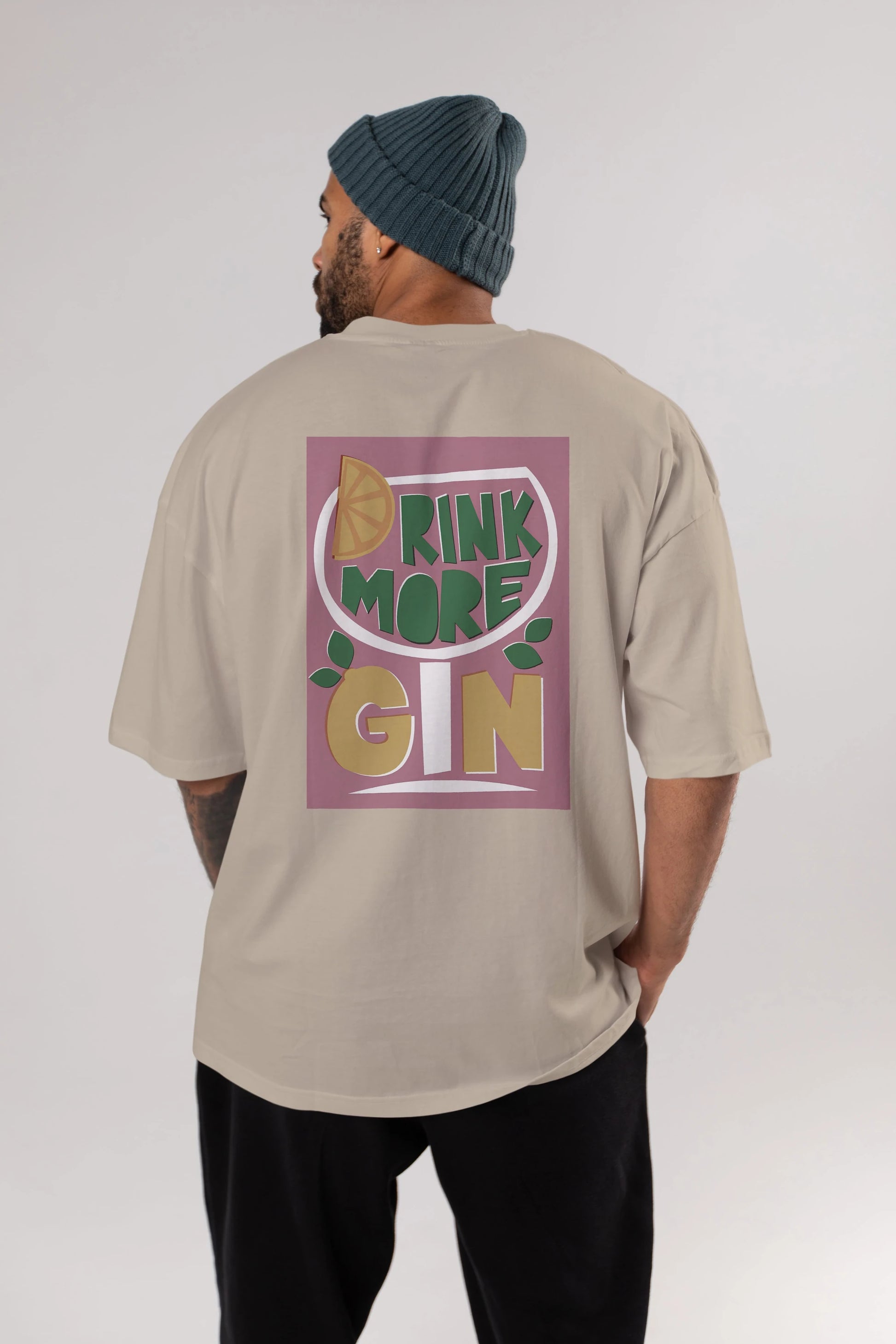 Drink More Gin Arka Baskılı Oversize t-shirt Erkek Kadın Unisex %100 Pamuk Bisiklet Yaka tişort