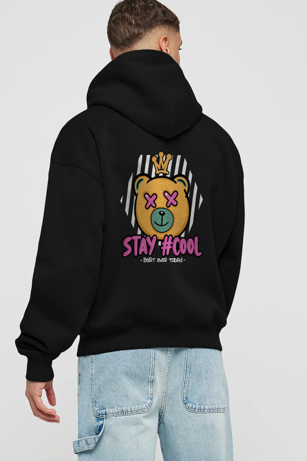 Stay Cool Bear Arka Baskılı Hoodie Oversize Kapüşonlu Sweatshirt Erkek Kadın Unisex