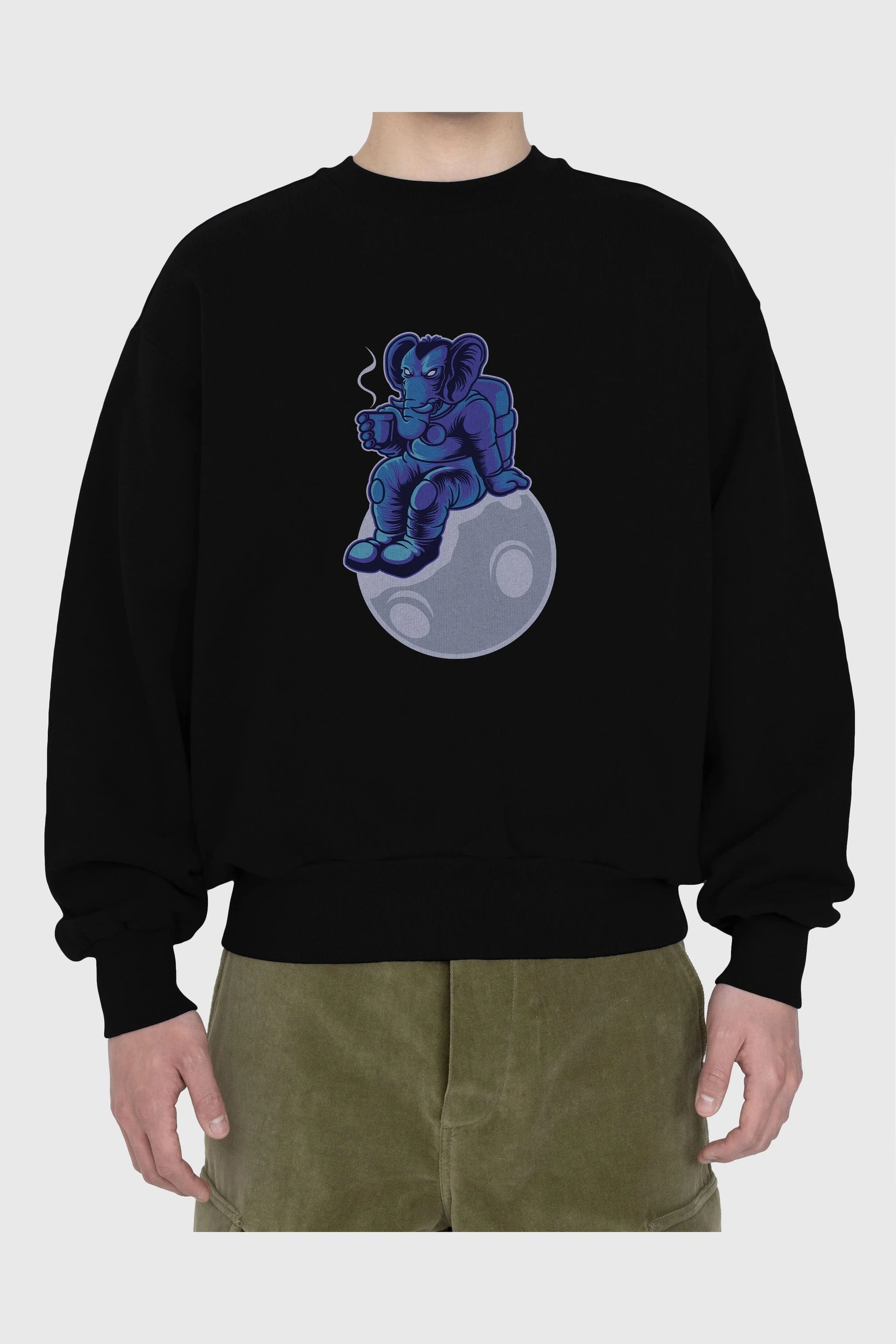 Space Elephant Drink Coffee Ön Baskılı Oversize Sweatshirt Erkek Kadın Unisex