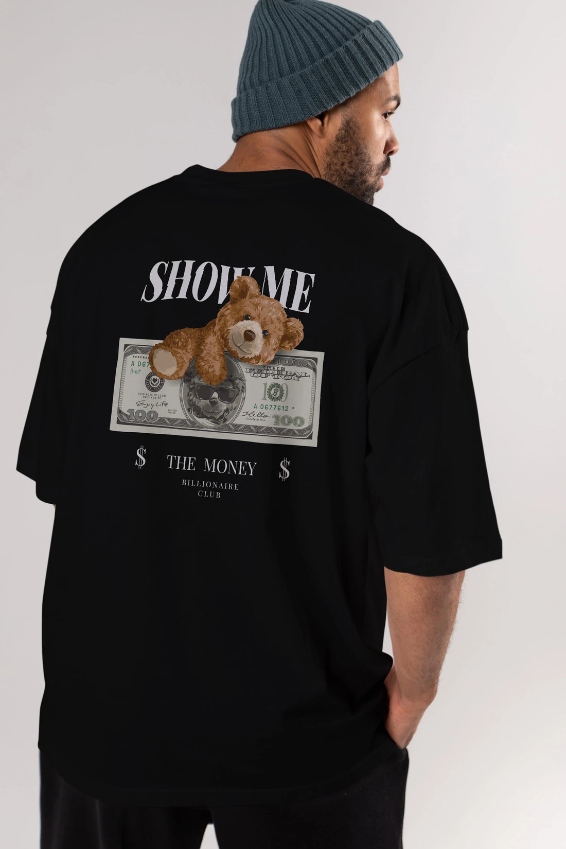 Teddy Bear The Money Arka Baskılı Oversize t-shirt Erkek Kadın Unisex %100 Pamuk