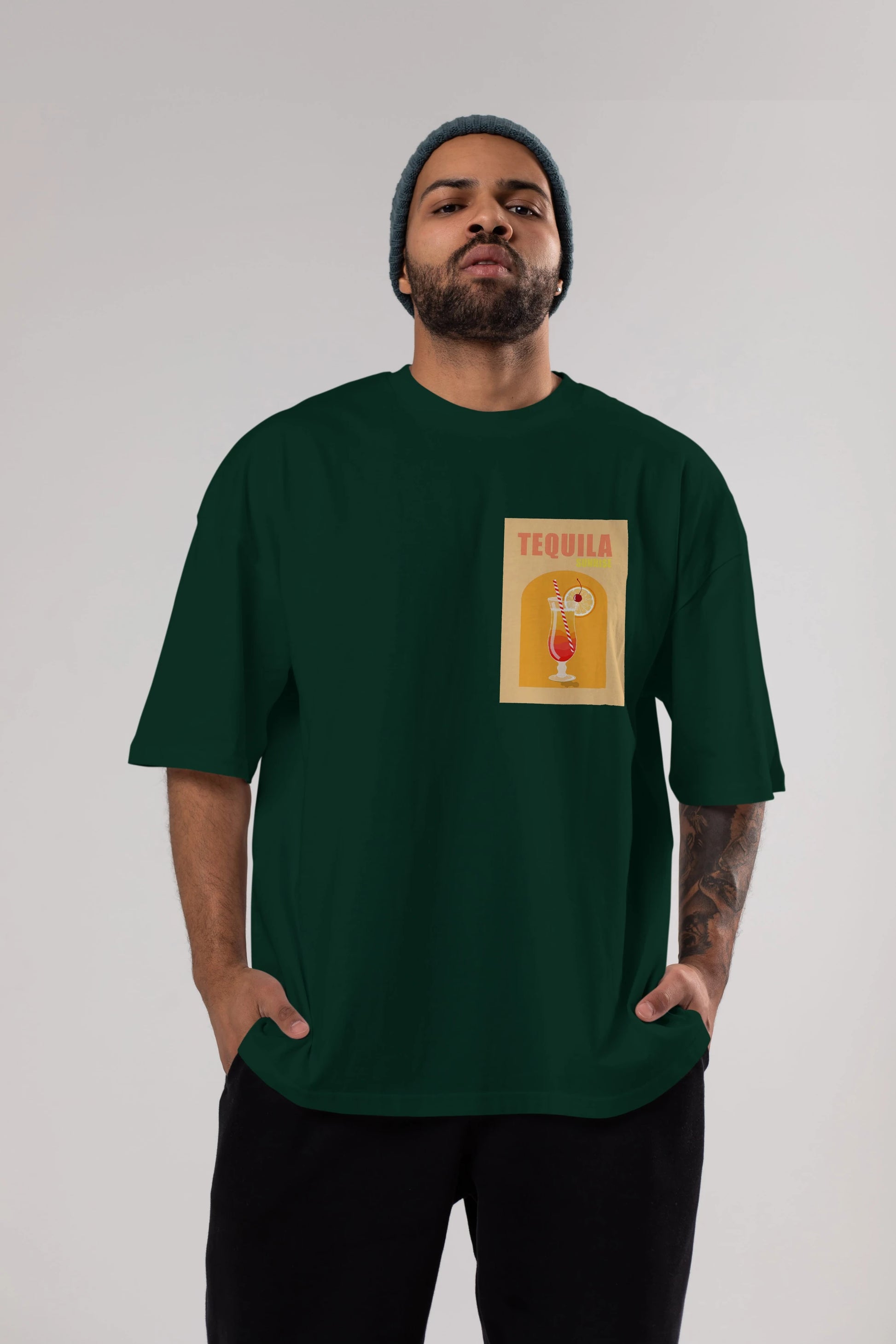 Tequila Sunrise Ön Sol Baskılı Oversize t-shirt Erkek Kadın Unisex %100 Pamuk Bisiklet Yaka tişort