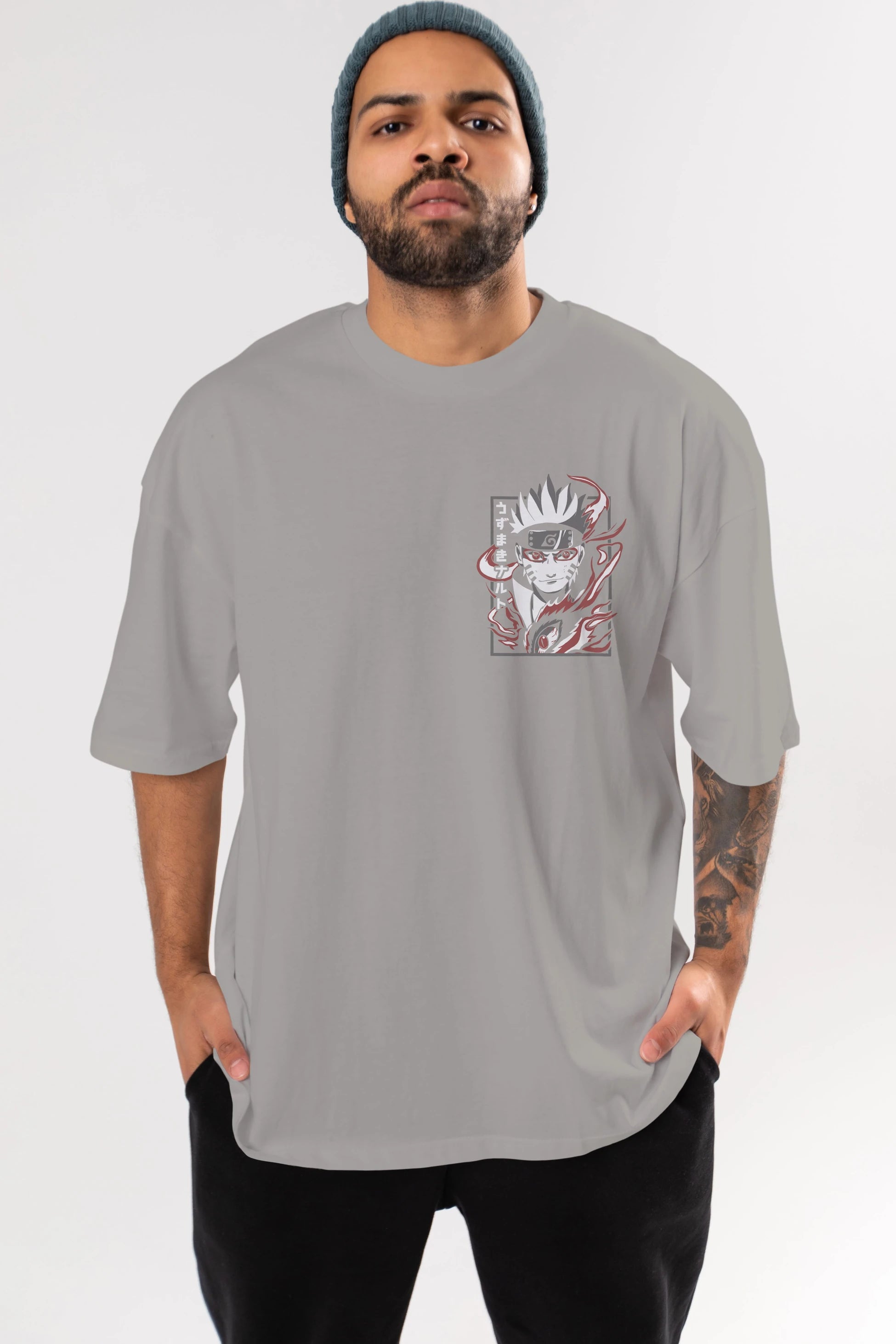 NarutoMod Ön Sol Baskılı Oversize t-shirt Erkek Kadın Unisex %100 Pamuk Bisiklet Yaka tişort