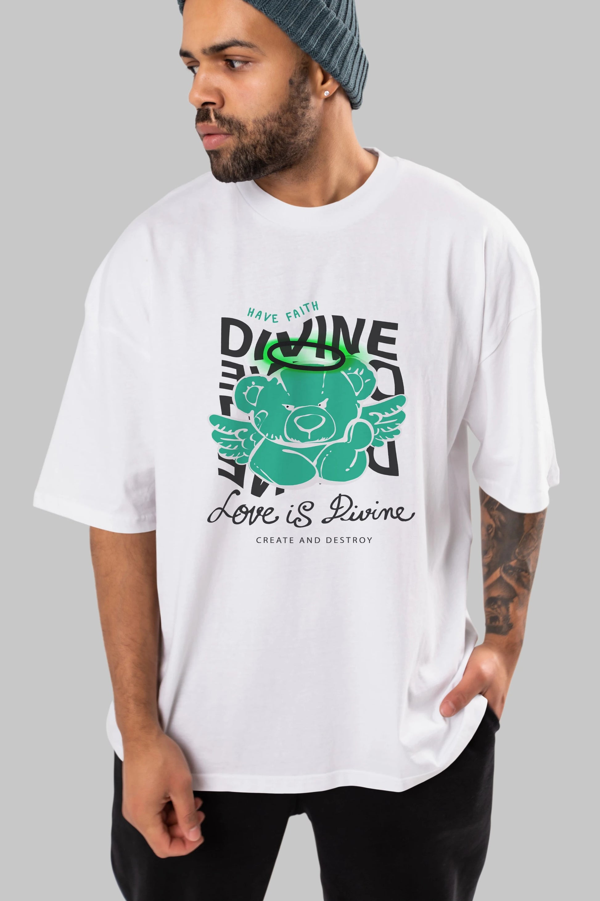 Love is Divine Bear Ön Baskılı Oversize t-shirt Erkek Kadın Unisex