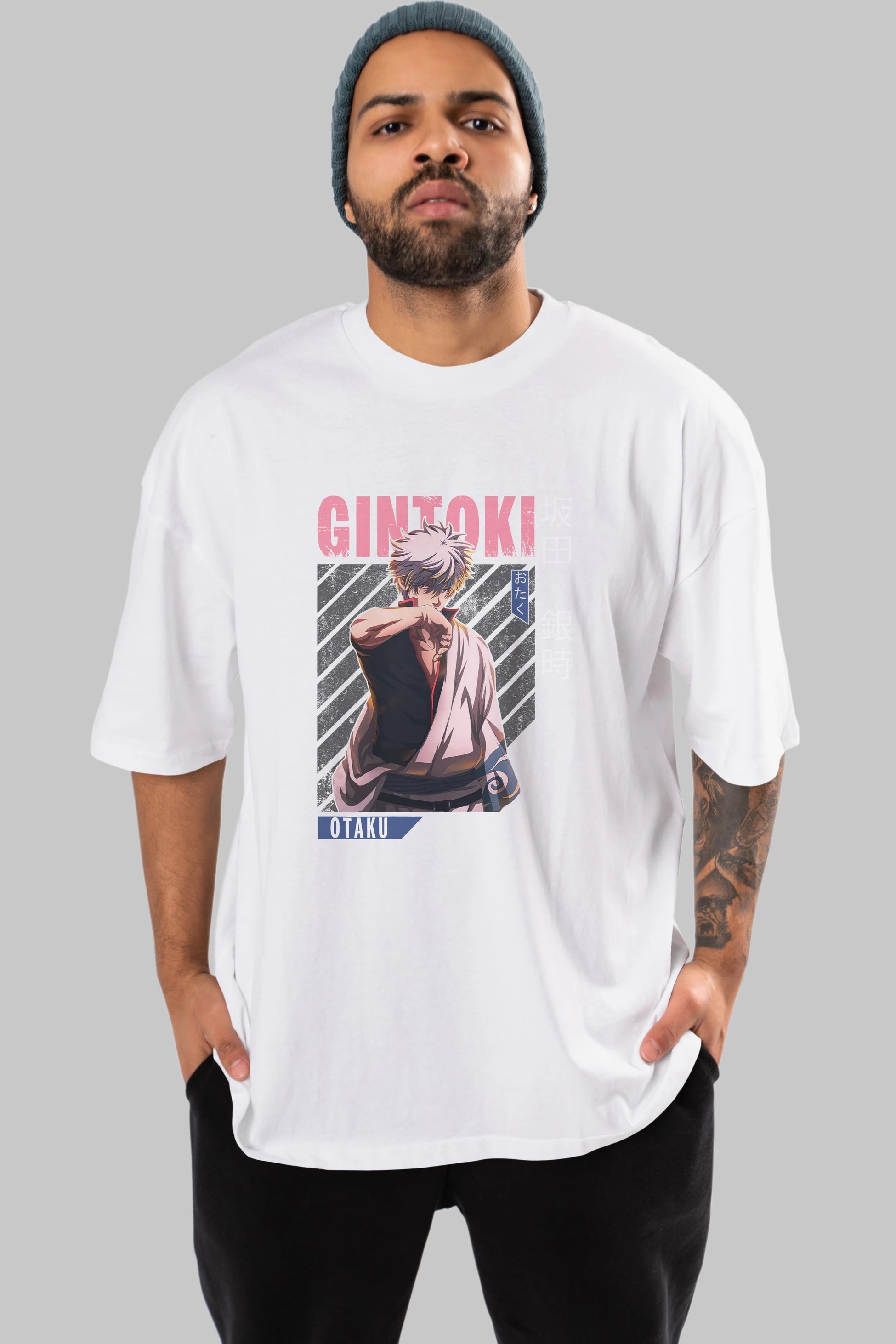 Gintoki Sakata Anime Ön Baskılı Oversize t-shirt %100 pamuk Erkek Kadın Unisex