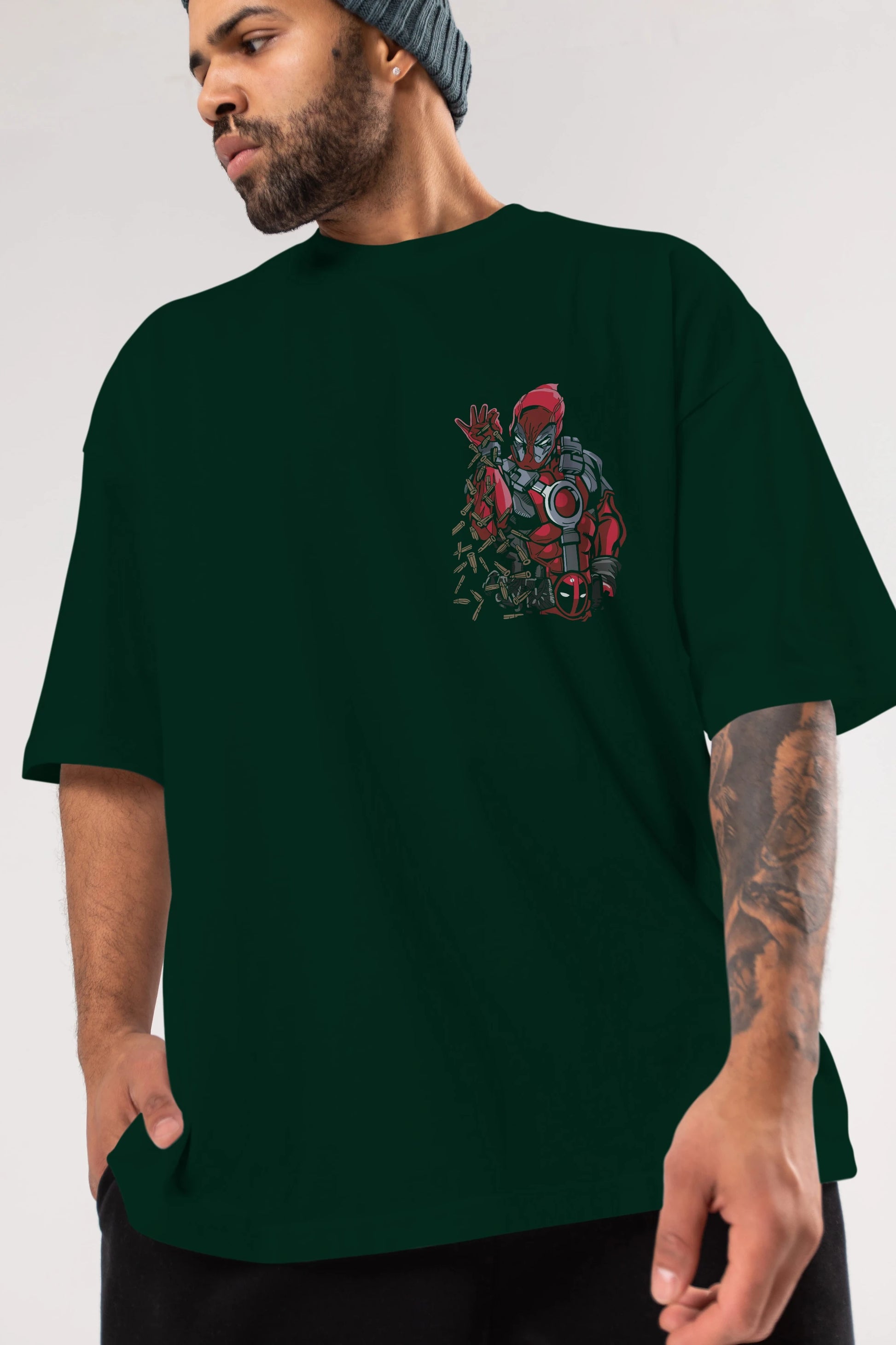 Deadpool (2) Ön Sol Baskılı Oversize t-shirt Erkek Kadın Unisex %100 Pamuk Bisiklet Yaka tişort