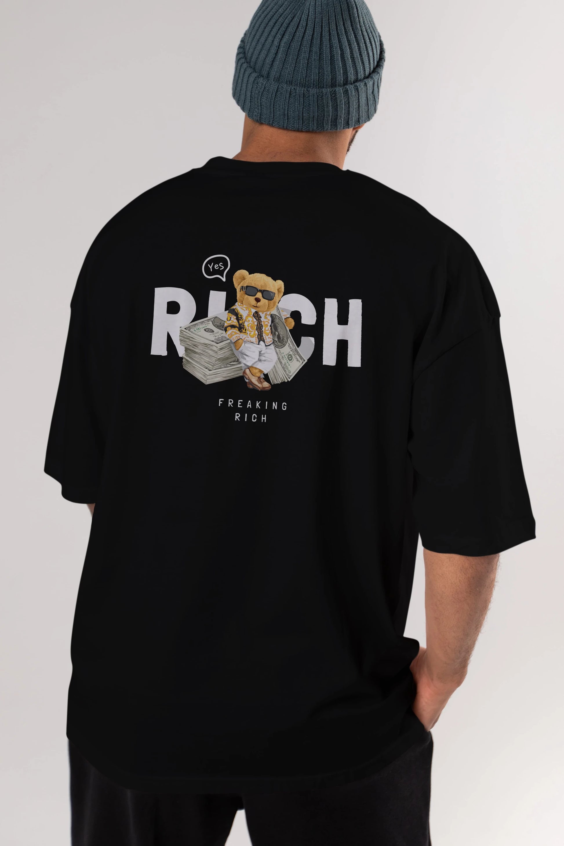 Teddy Bear Freakıng Rich Arka Baskılı Oversize t-shirt Erkek Kadın Unisex %100 Pamuk