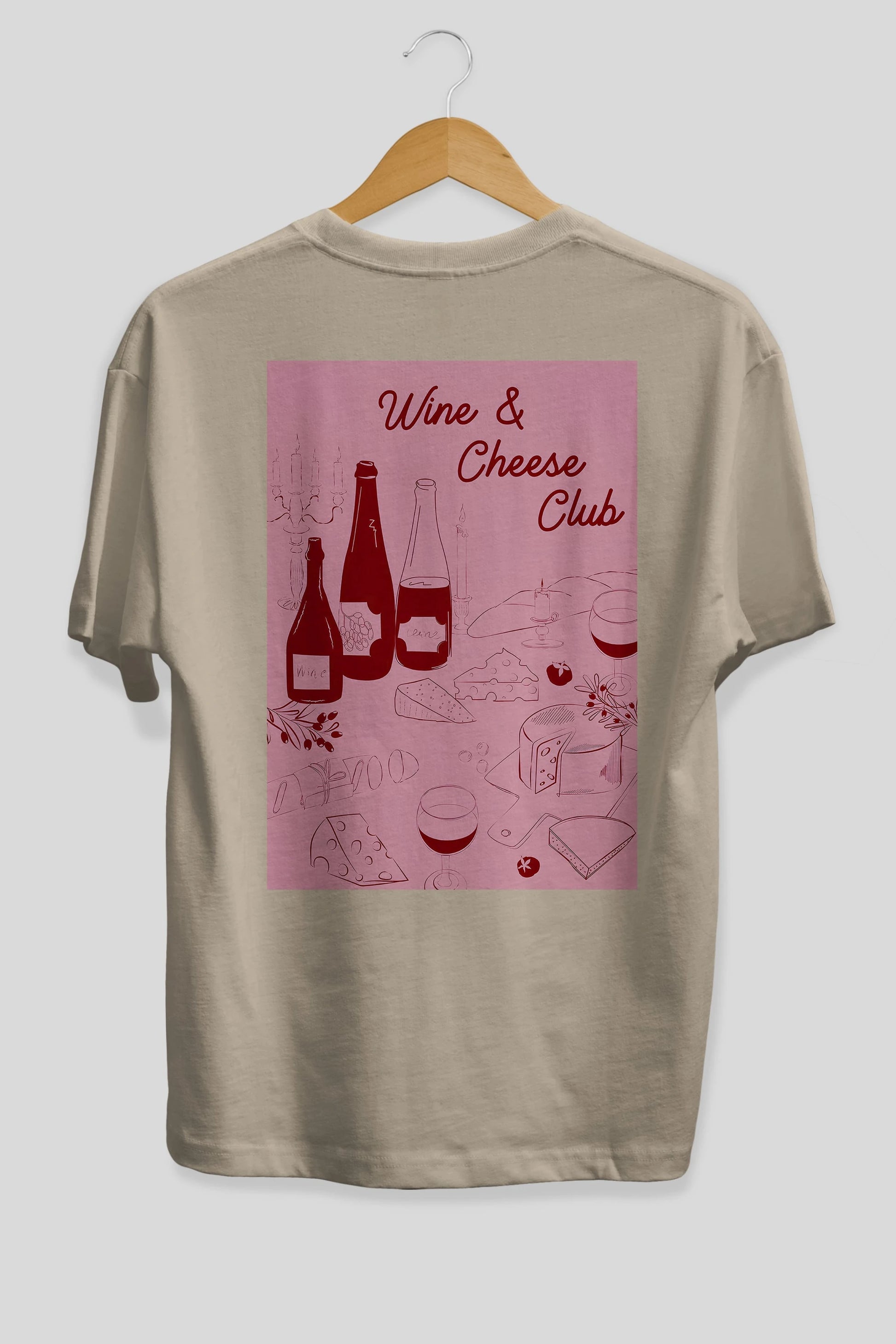 Wine Cheese Club Arka Baskılı Oversize t-shirt Erkek Kadın Unisex %100 Pamuk Bisiklet Yaka tişort