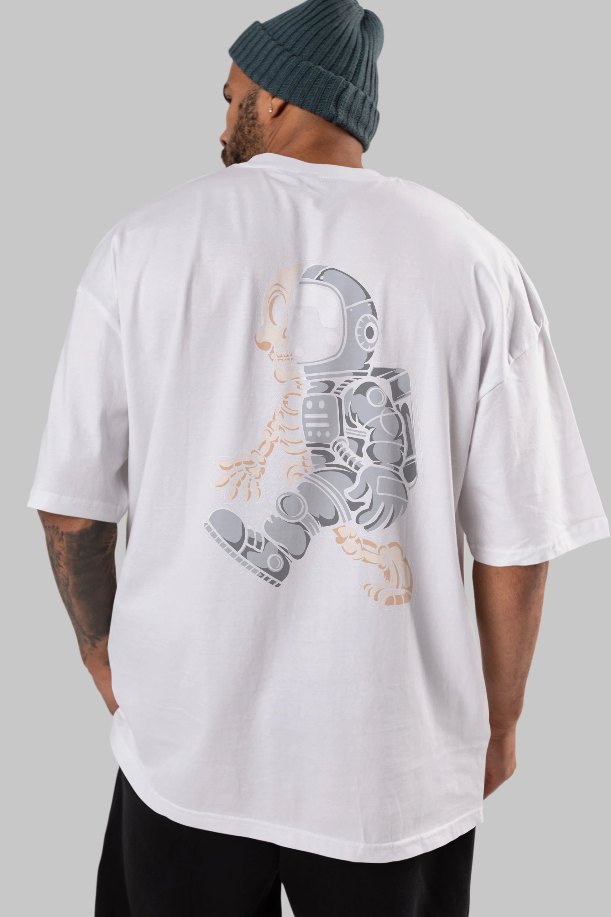 Astronaut Half Skull Arka Baskılı Oversize t-shirt Erkek Kadın Unisex