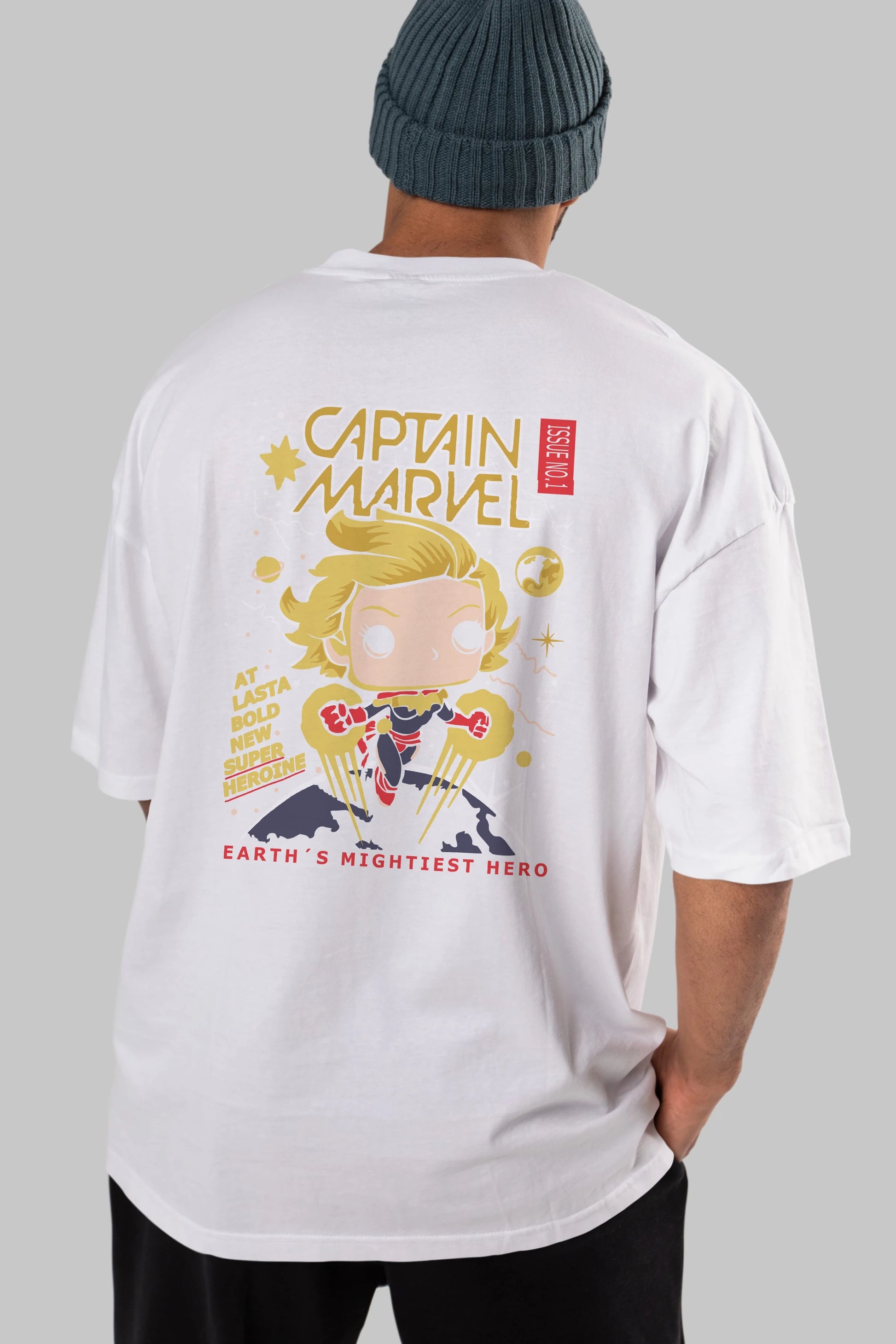 Captain Marvel Arka Baskılı Oversize t-shirt Erkek Kadın Unisex %100 Pamuk Bisiklet Yaka tişort