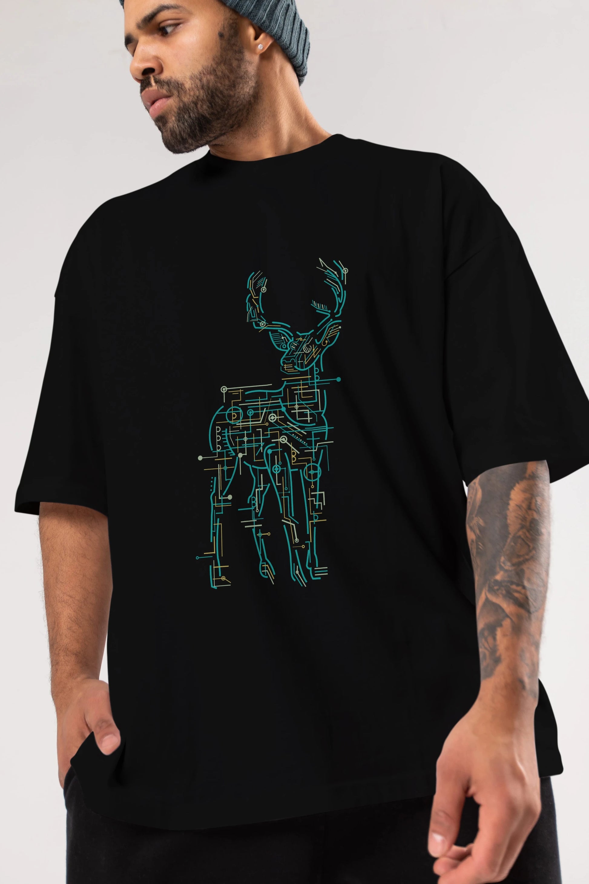 Electric Deer Ön Baskılı Oversize t-shirt %100 pamuk Erkek Kadın Unisex