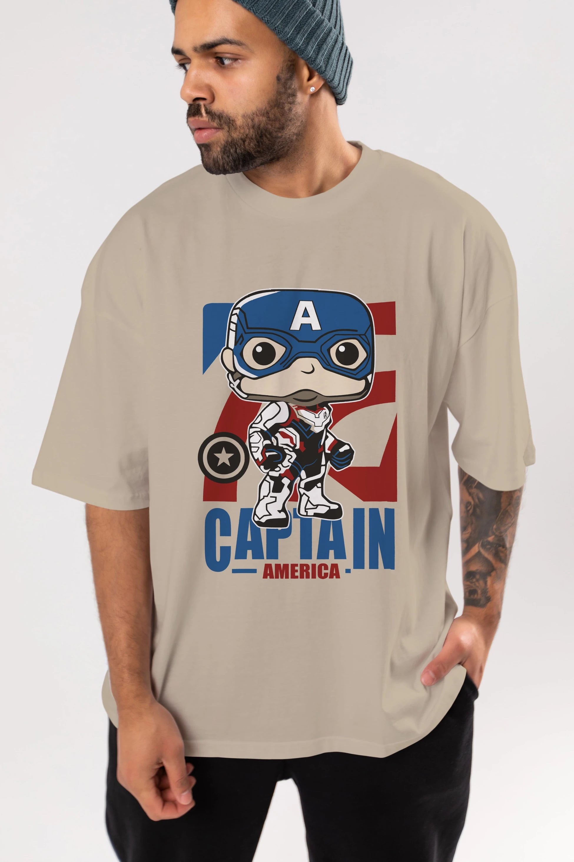 Captain America Ön Baskılı Oversize t-shirt Erkek Kadın Unisex %100 Pamuk Bisiklet Yaka tişort