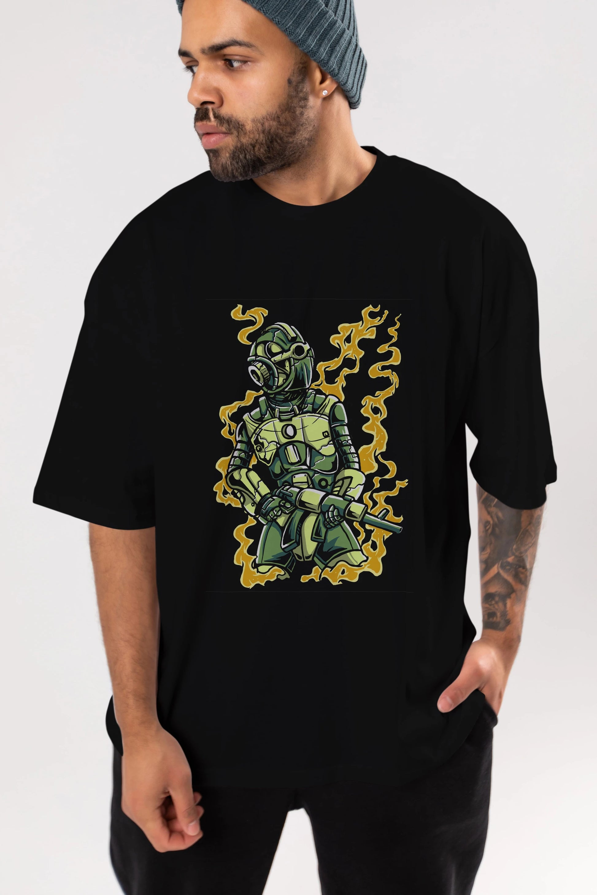 Robot Soldier Ön Baskılı Oversize t-shirt Erkek Kadın Unisex %100 Pamuk tişort