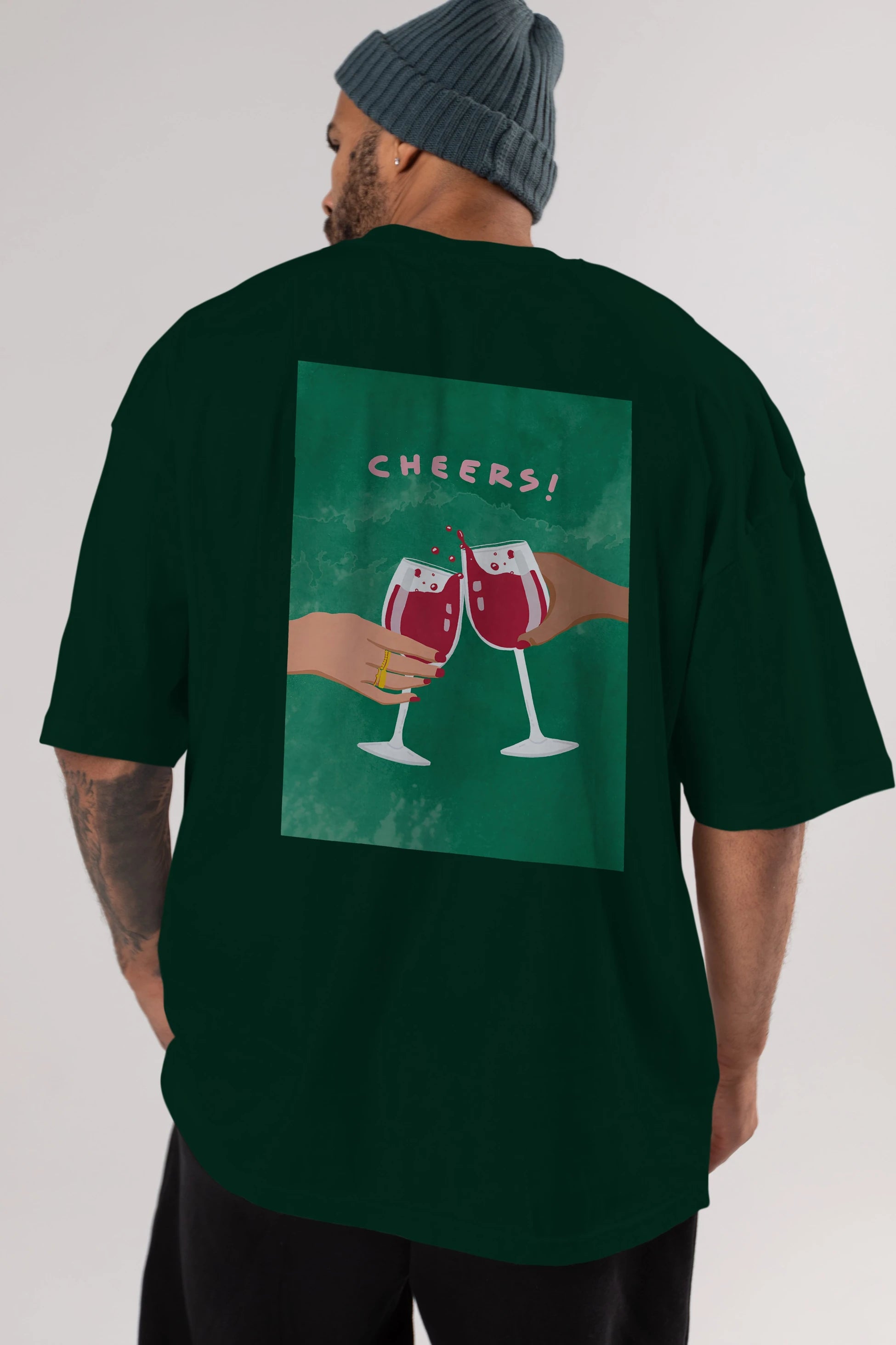 Cheers Arka Baskılı Oversize t-shirt Erkek Kadın Unisex %100 Pamuk Bisiklet Yaka tişort