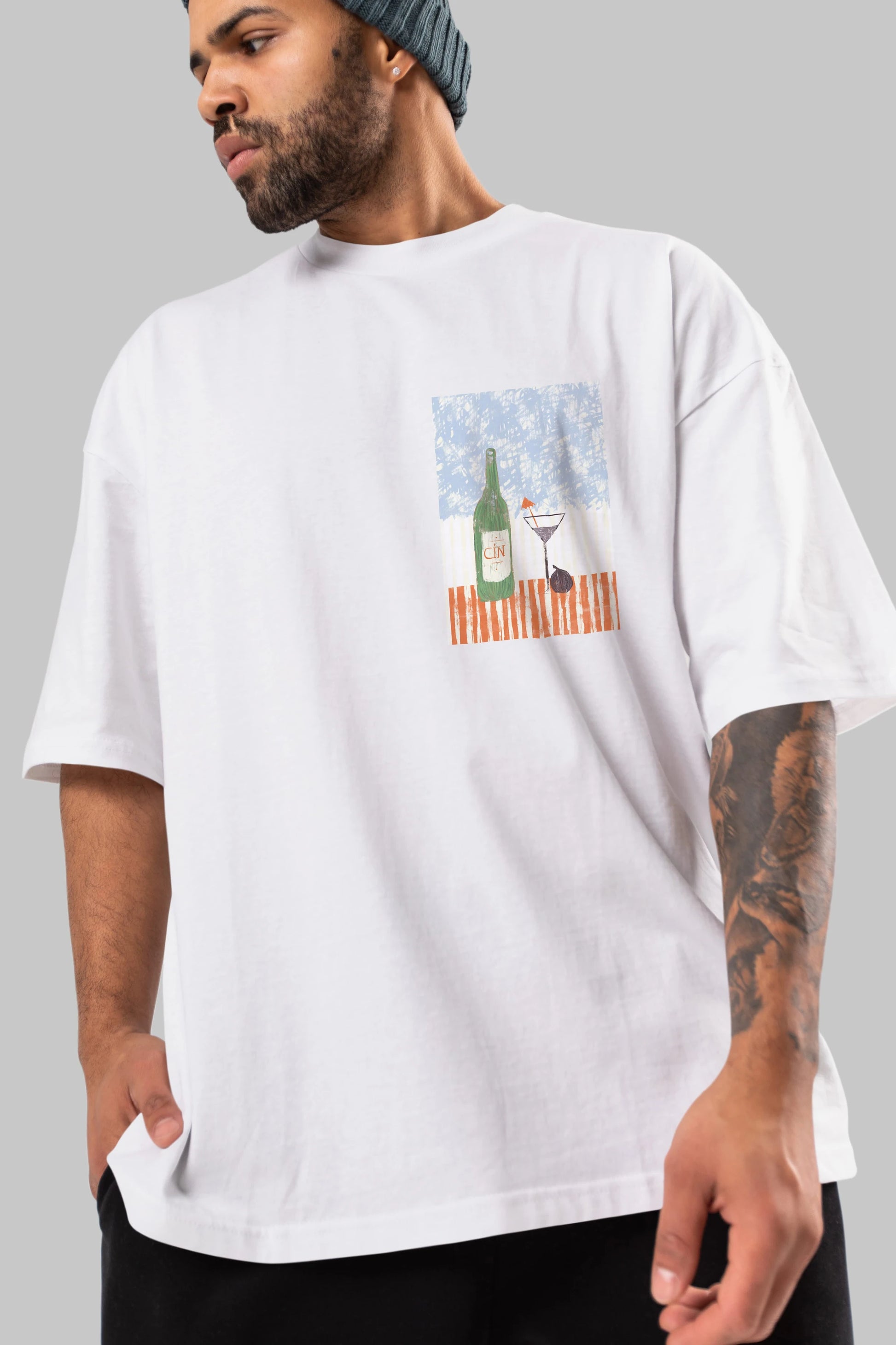 Gin Ön Sol Baskılı Oversize t-shirt Erkek Kadın Unisex %100 Pamuk Bisiklet Yaka tişort
