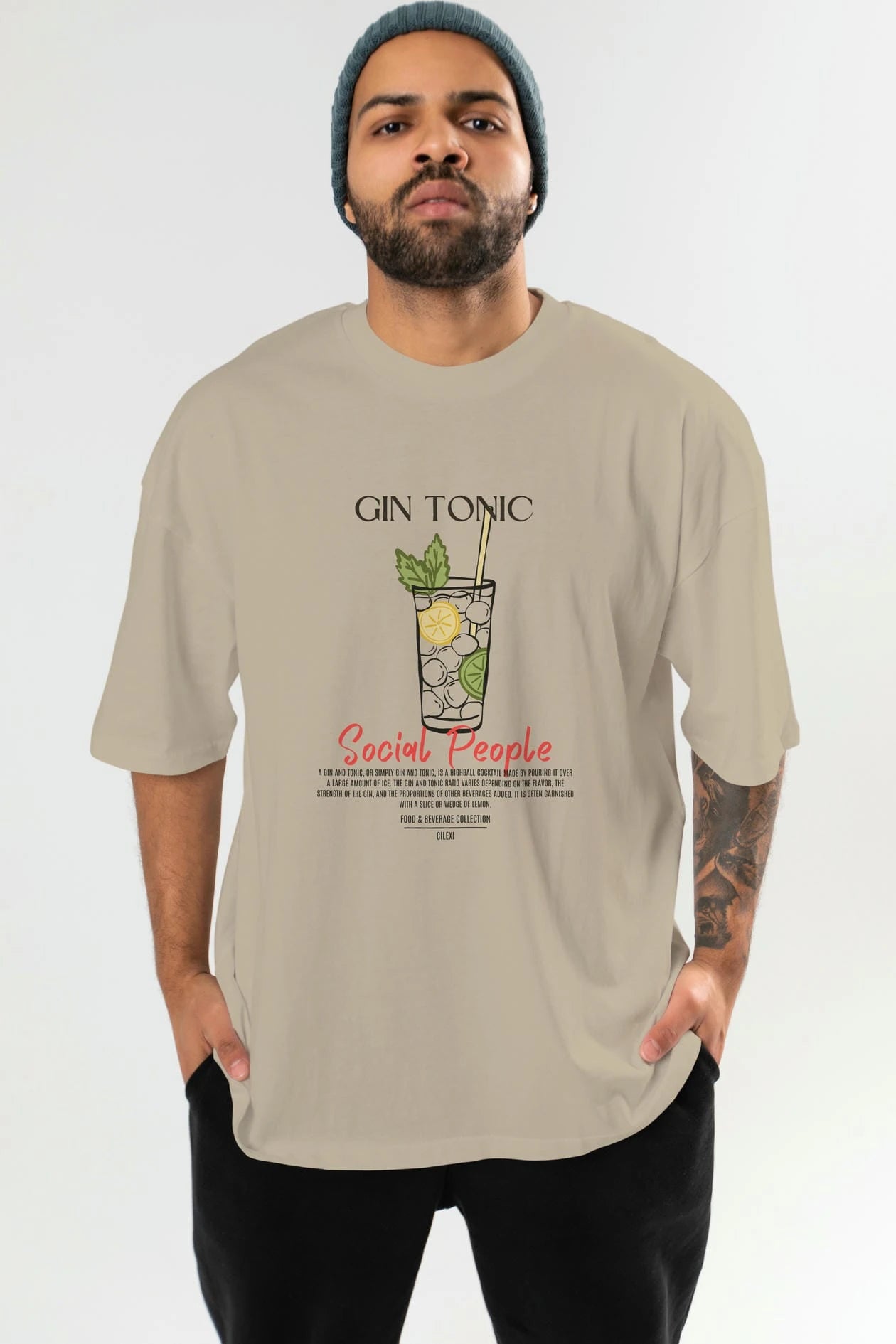 Gın Tonıc Kokteyl Serisi ön Baskılı Oversize t-shirt Erkek Kadın %100 Pamuk Bisiklet Yaka tişort