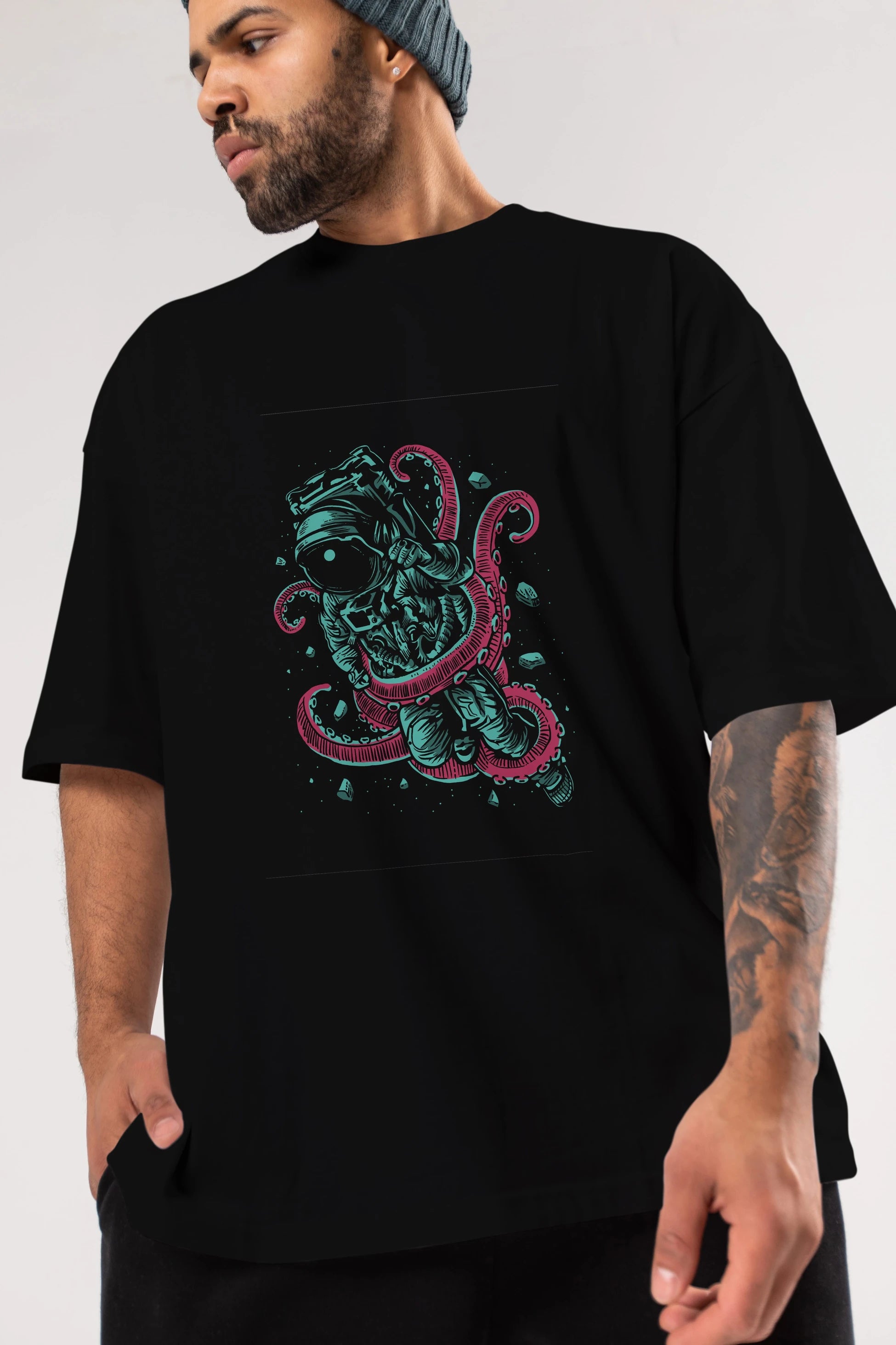 Astronaut Octopus Ön Baskılı Oversize t-shirt Erkek Kadın Unisex %100 Pamuk tişort