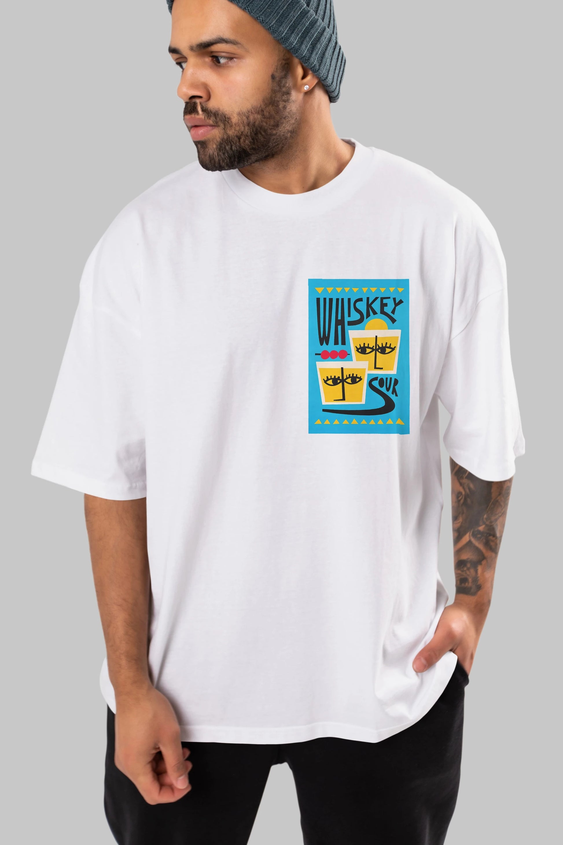 Whiskey Sour 2 Ön Sol Baskılı Oversize t-shirt Erkek Kadın Unisex %100 Pamuk Bisiklet Yaka tişort