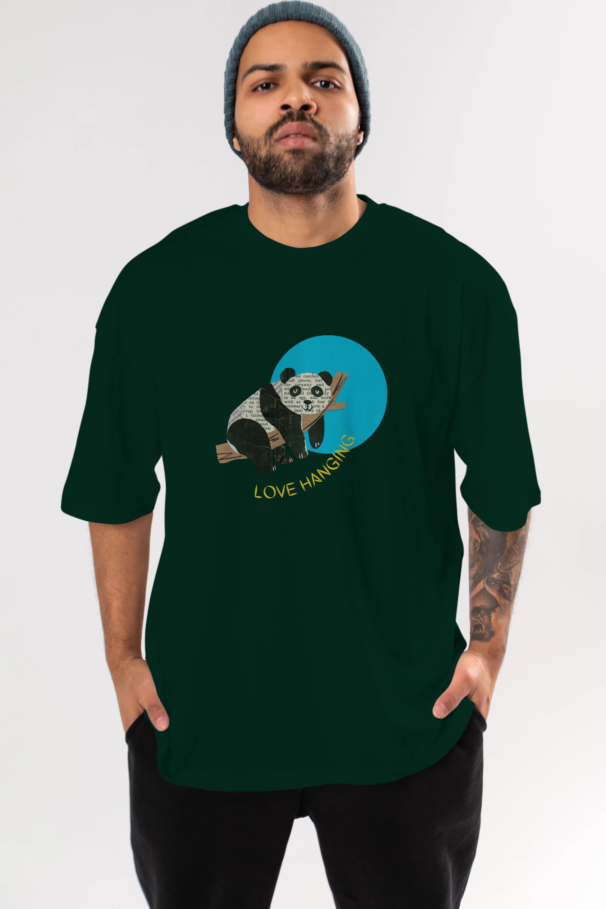 Panda Love Hanging Ön Baskılı Oversize t-shirt Erkek Kadın Unisex