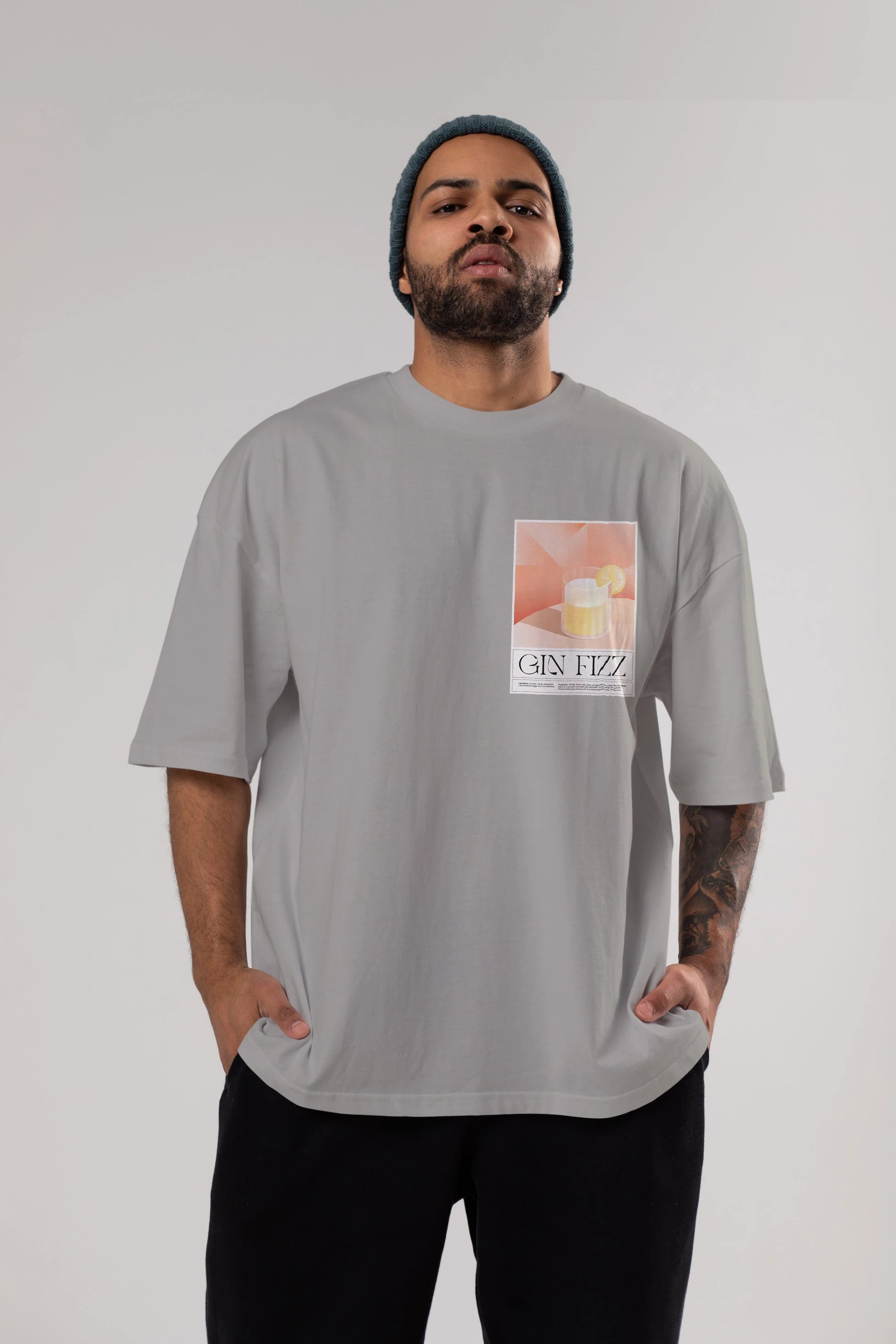 Gin Fizz Ön Sol Baskılı Oversize t-shirt Erkek Kadın Unisex %100 Pamuk Bisiklet Yaka tişort