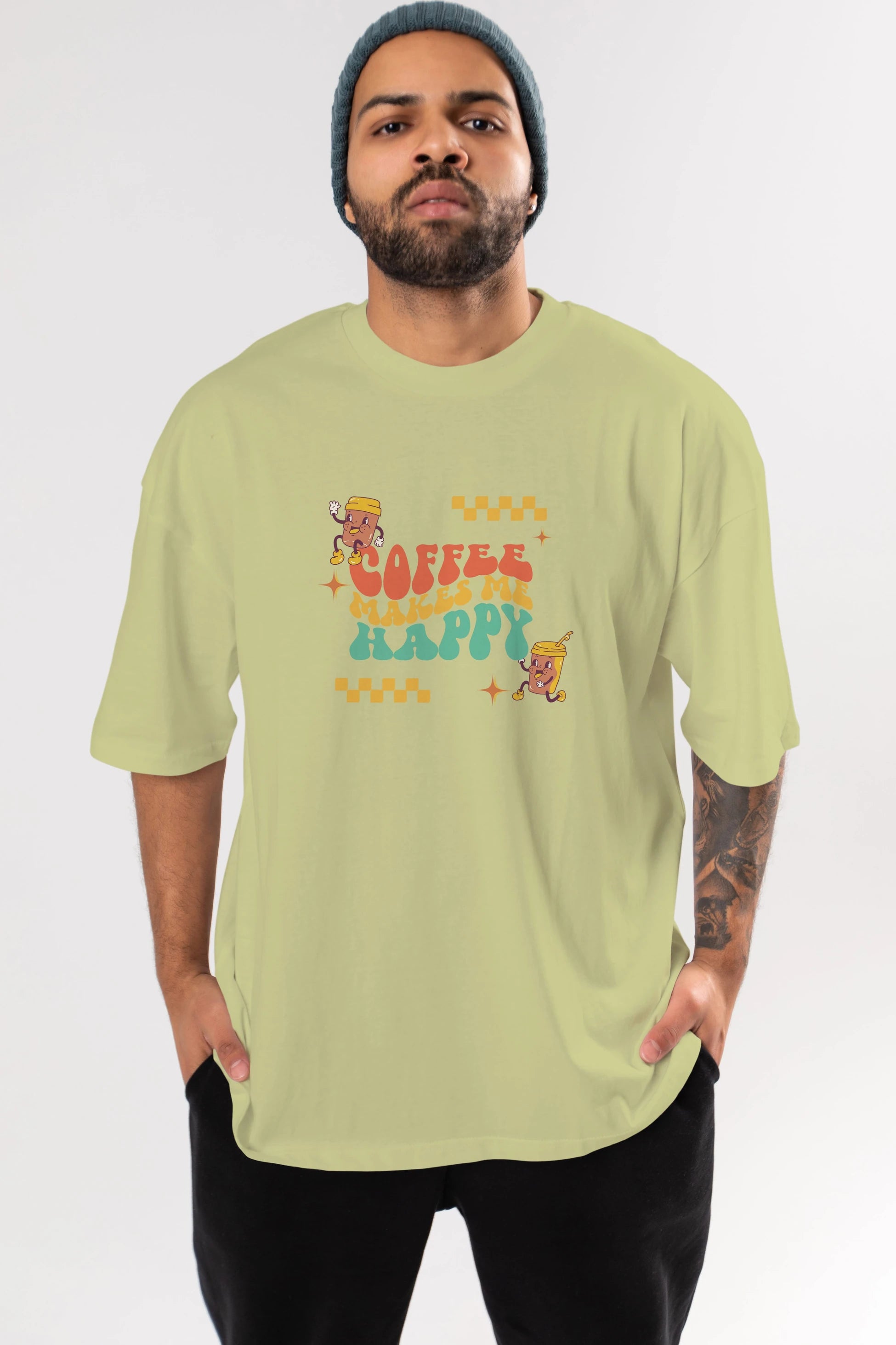 Coffee Makes Me Happy Yazılı Ön Baskılı Oversize t-shirt Erkek Kadın Unisex